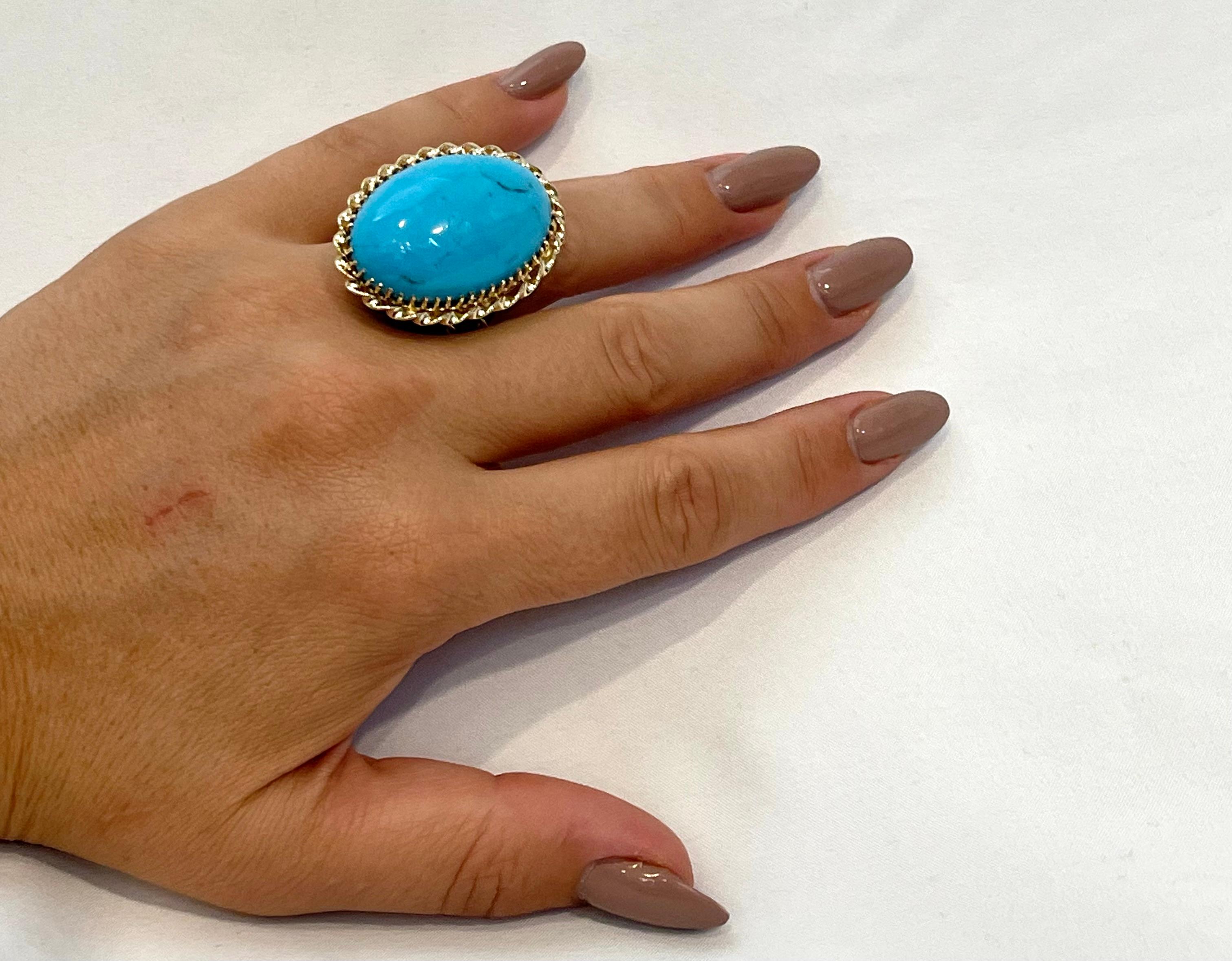 Vintage 75 Ct Natural Oval Sleeping Beauty Turquoise Ring, 18 Kt Yellow Gold For Sale 11