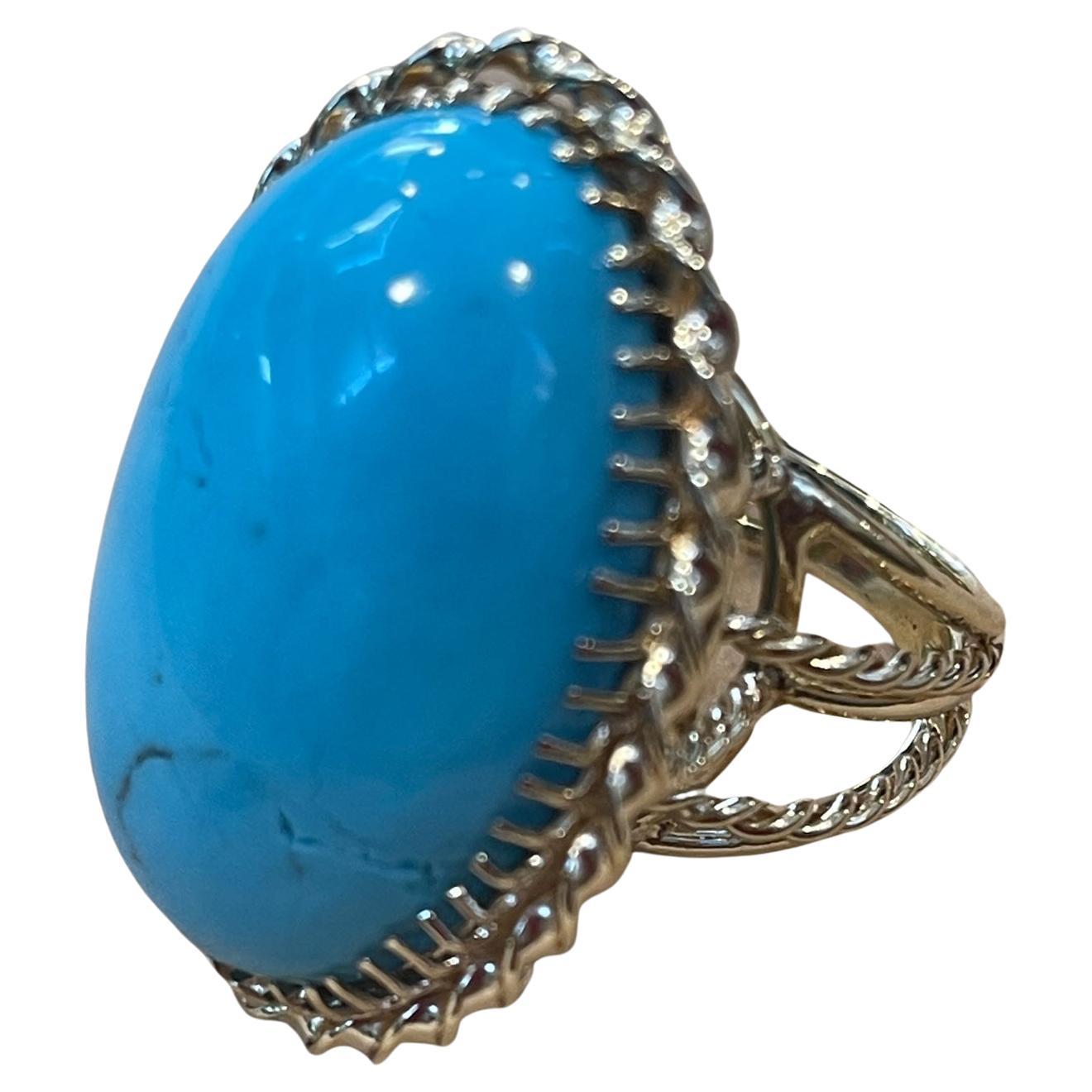 Vintage 75 Ct Natural Oval Sleeping Beauty Turquoise Ring, 18 Kt Yellow Gold For Sale