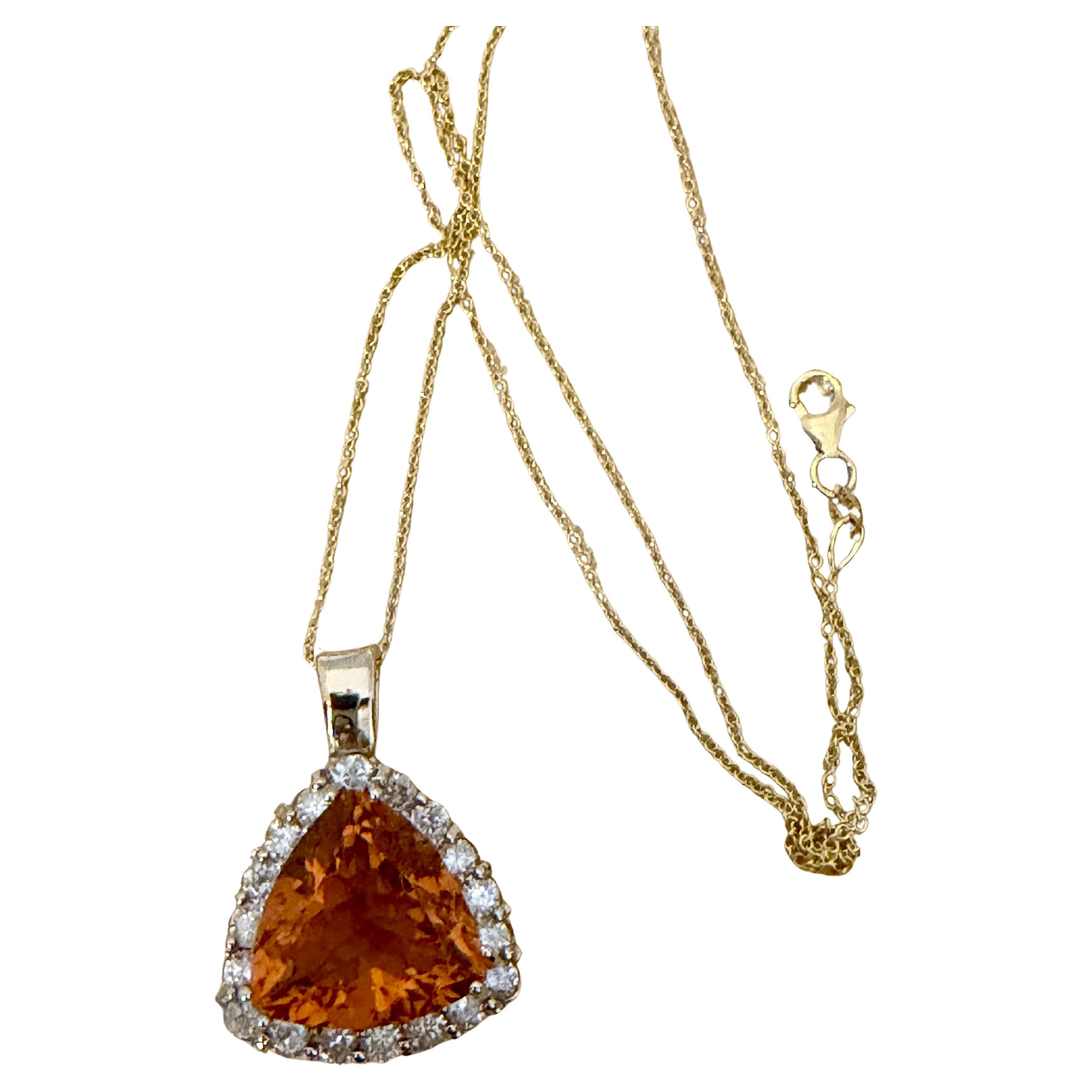 Vintage 7.5 Ct Trillion Citrine Pendent + Diamonds 14 Kt Yellow Gold with Chain