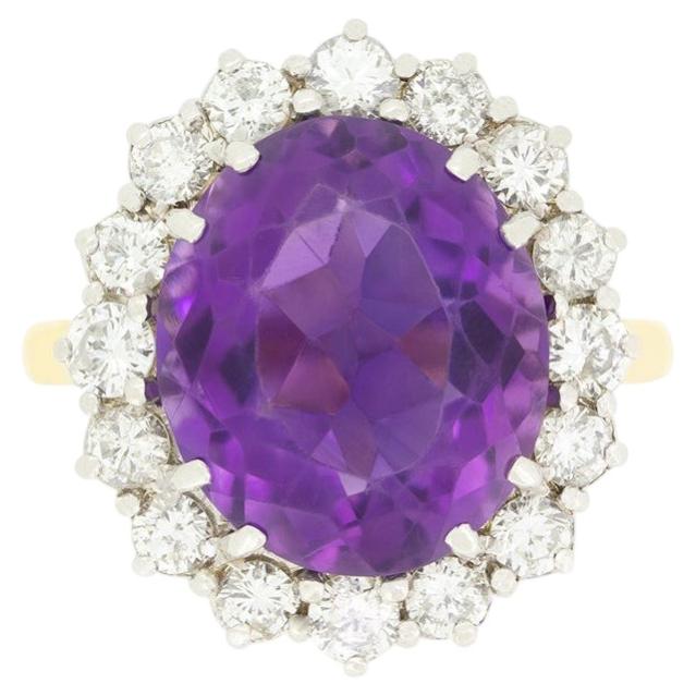 Vintage 7.50ct Amethyst and Diamond Cluster Ring, hallmarked 1994