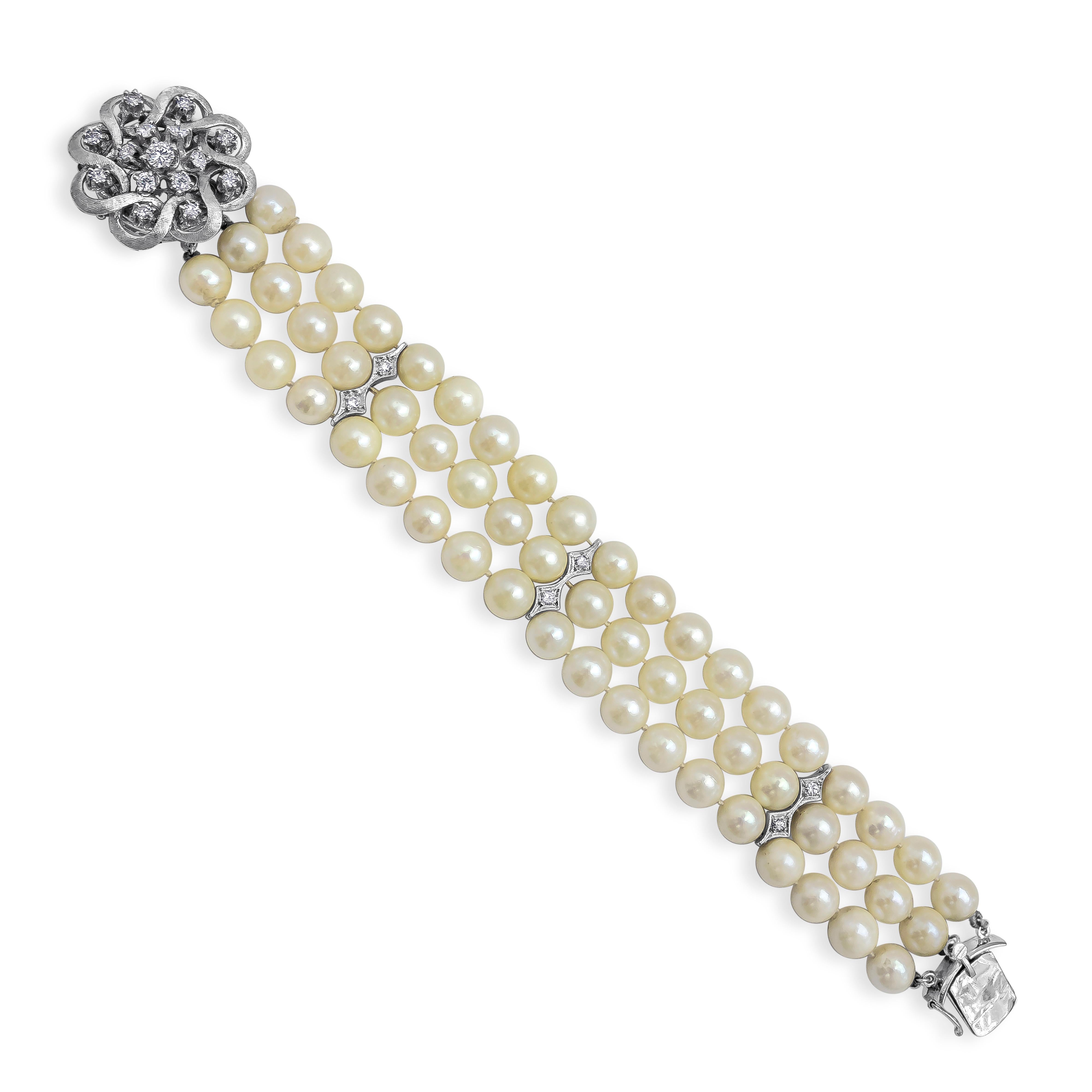 A simple but attractive and rare piece of pearl and diamond bracelet showcasing 1.16 carat total, 21 pieces of brilliant round shape diamonds, set in a beautiful floral-motif design, and attached by 7.50 mm three strands of pearl. The white gold