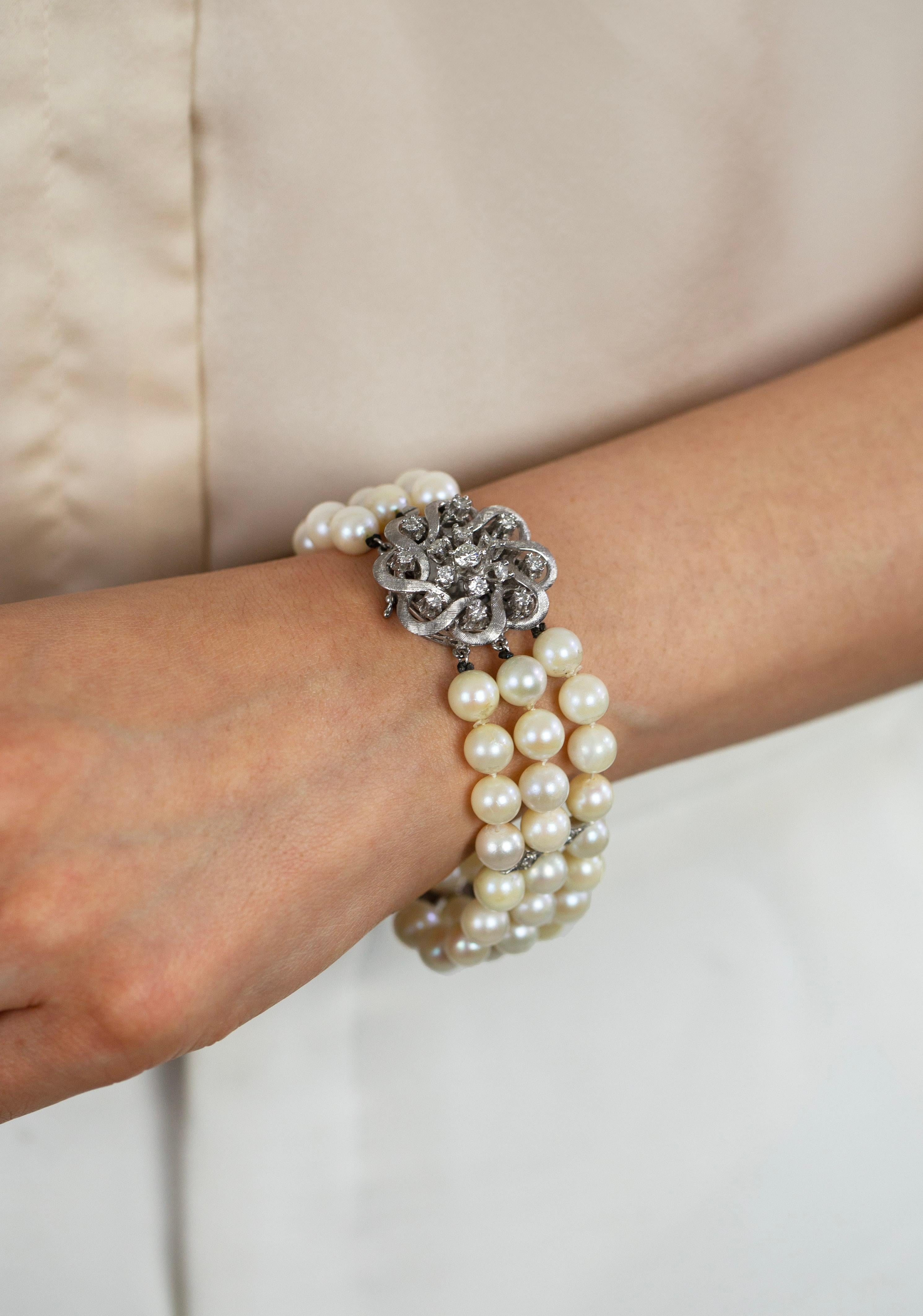Dreireihiges Vintage-Perlen- und Diamantarmband, 7,50 mm (Rundschliff)