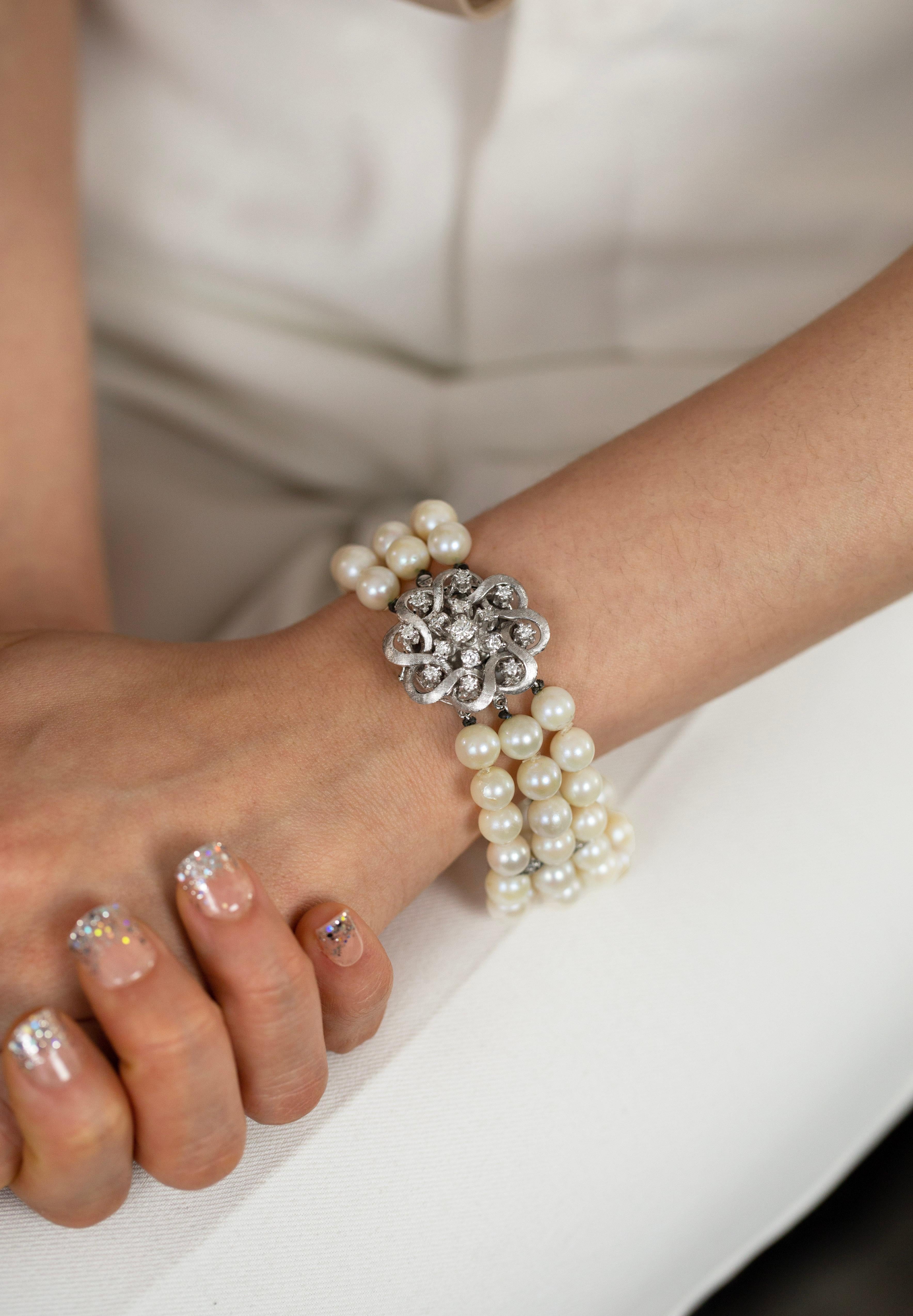 Women's Vintage Triple-Strand Pearl and Diamond Bracelet