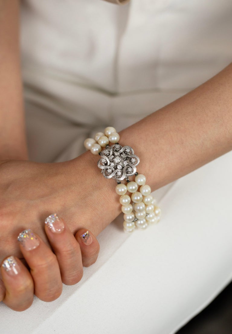 Vintage TripleStrand Pearl and Diamond Bracelet For Sale at 1stDibs
