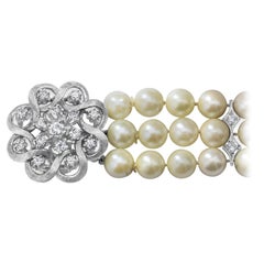 Vintage Triple-Strand Pearl and Diamond Bracelet