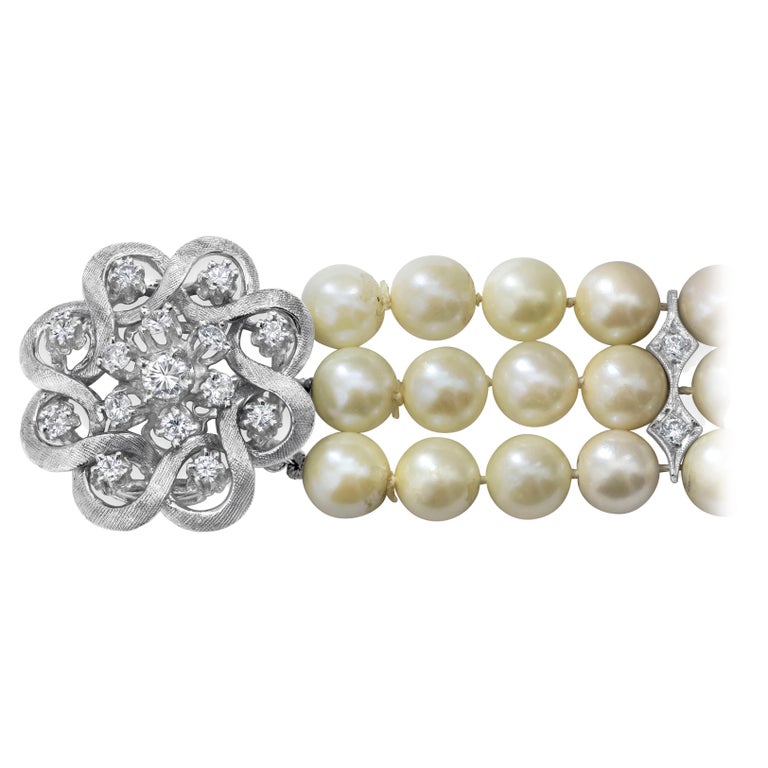 Vintage Triple-Strand Pearl and Diamond Bracelet For Sale at 1stDibs