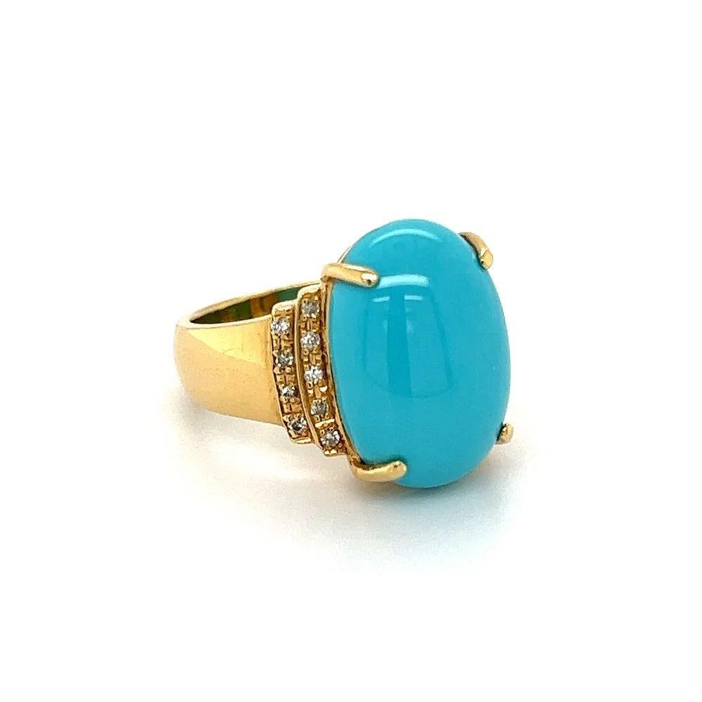 Simply Beautiful! Turquoise and Diamond Solitaire Cocktail Gold Ring, securely centered by a Large Oval Cabochon Turquoise, weighing approx. 7.52 Carats. Either side set with Diamonds, approx. 0.12tcw. Finely Hand-crafted 18K Yellow Gold mounting.