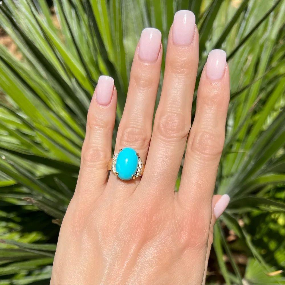 Modern Vintage 7.52 Carat Cabochon Turquoise and Diamond Gold Band Ring For Sale
