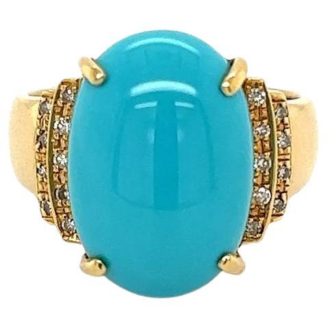 Vintage 7.52 Carat Cabochon Turquoise and Diamond Gold Band Ring For Sale