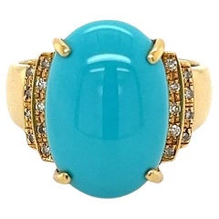 Vintage 7.52 Carat Cabochon Turquoise and Diamond Gold Band Ring