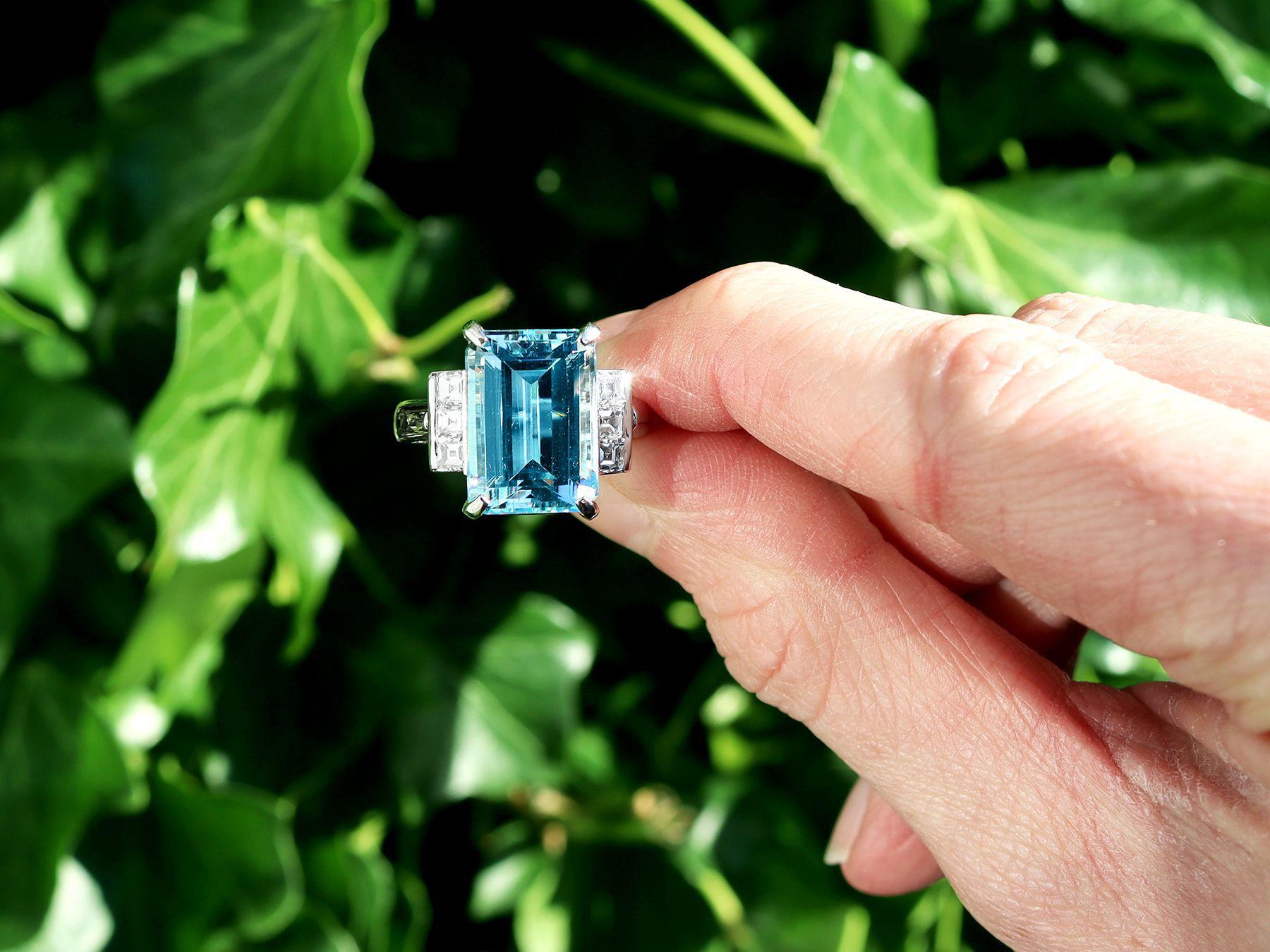 A stunning, fine and impressive 7.53 carat aquamarine, 0.30 carat diamond and platinum dress ring; part of our diverse gemstone jewelry and estate jewelry collections

This stunning, fine and impressive vintage aquamarine ring has been crafted in