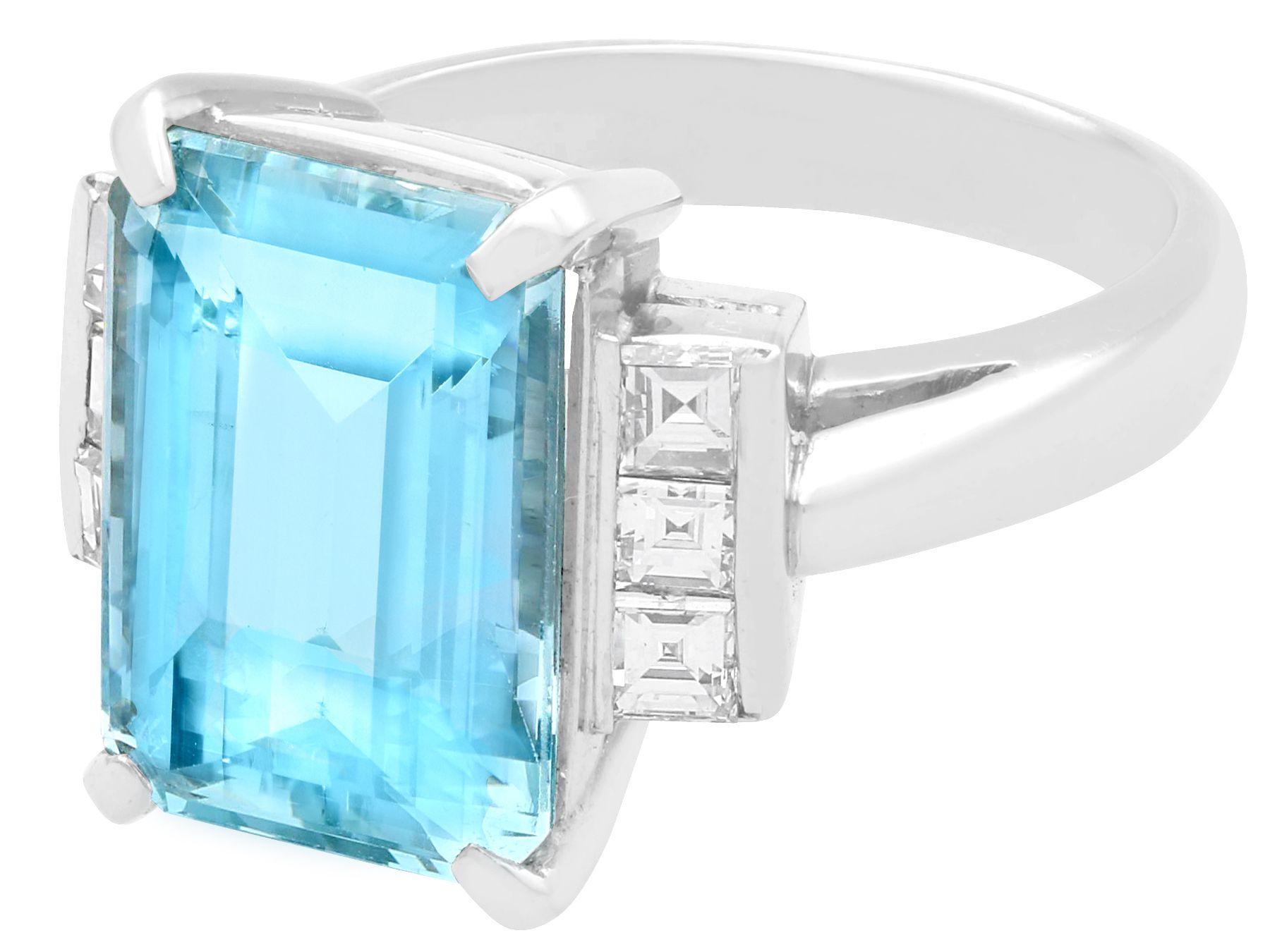 Emerald Cut Vintage 7.53 Carat Aquamarine and Diamond Platinum Engagement Ring For Sale
