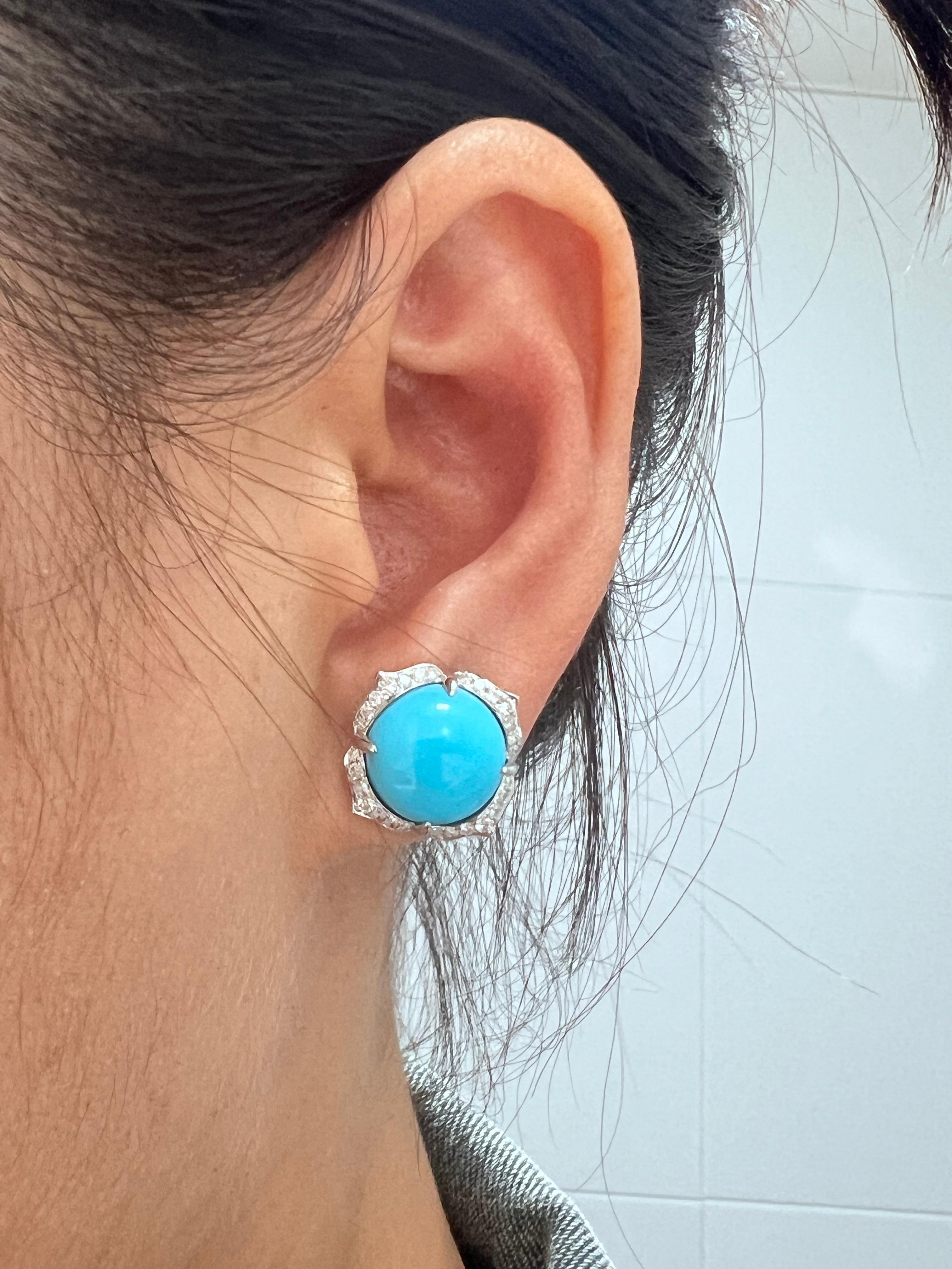 Vintage 7.59Ct Sleeping Beauty Turquoise Diamond Earrings in 14K White Gold In New Condition In Hong Kong, HK