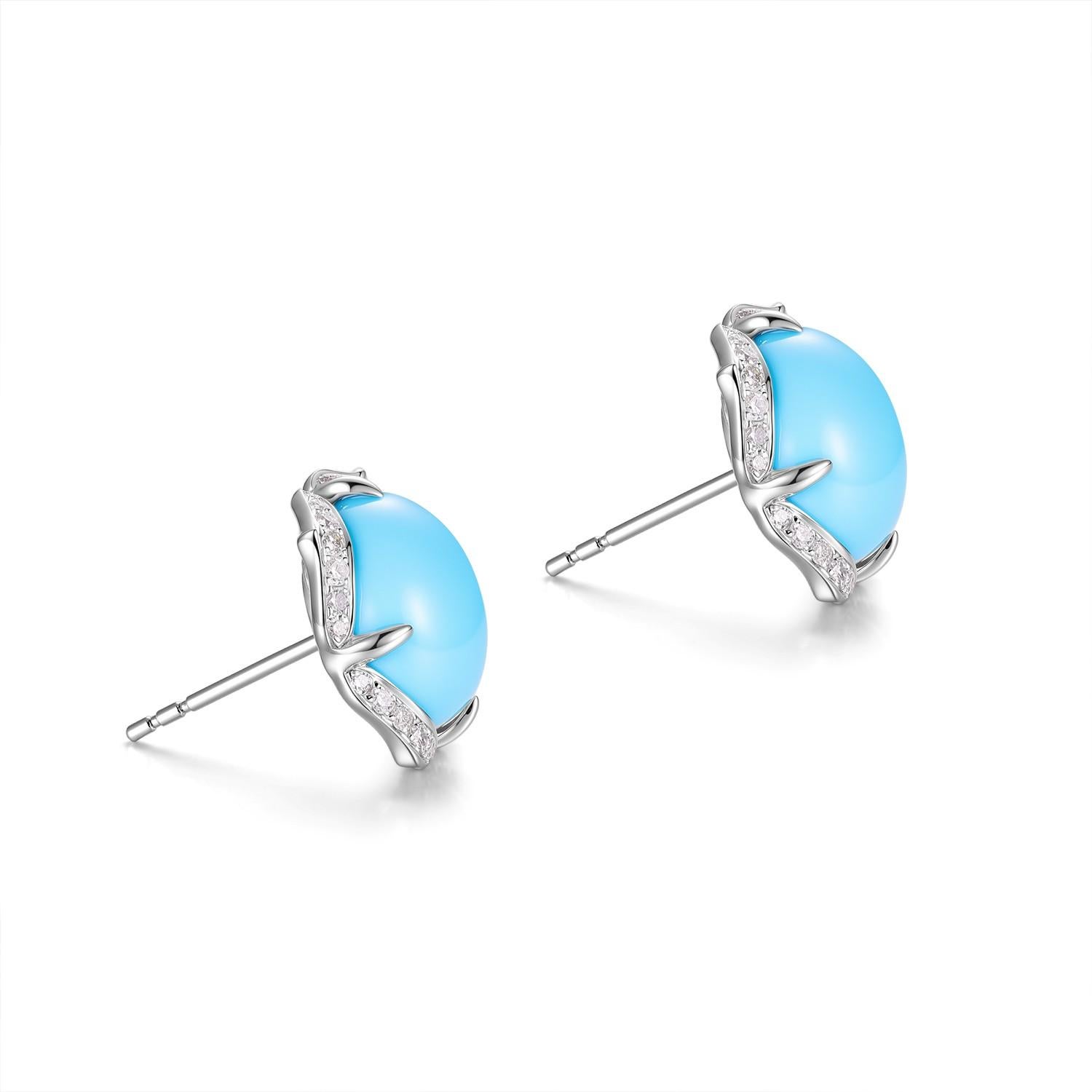 Art Deco Vintage 7.59Ct Sleeping Beauty Turquoise Diamond Earrings in 14K White Gold