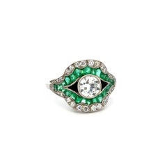 Vintage .75ct Diamond, Emerald and Onyx Platinum Filigree Ring