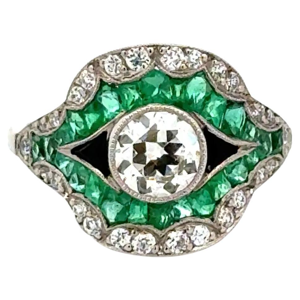 Vintage .75ct Diamant, Smaragd und Onyx Platin Filigran Ring