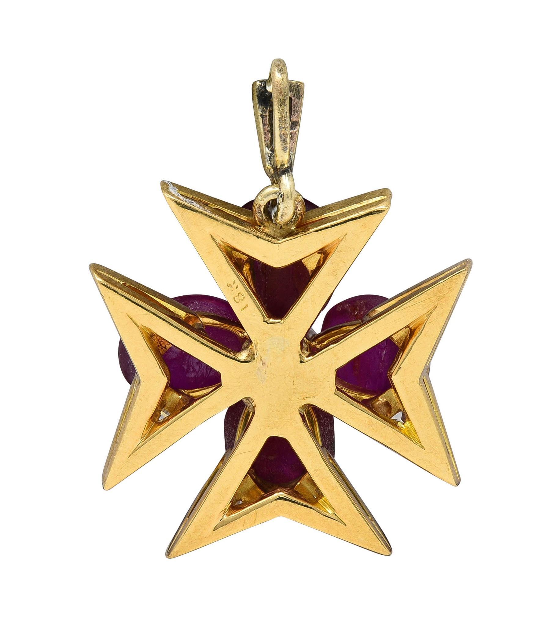 Vintage 7,60 CTW Stern-Rubin-Diamant-Anhänger aus 18 Karat Gelbgold mit Malteserkreuz-Anhänger (Cabochon) im Angebot