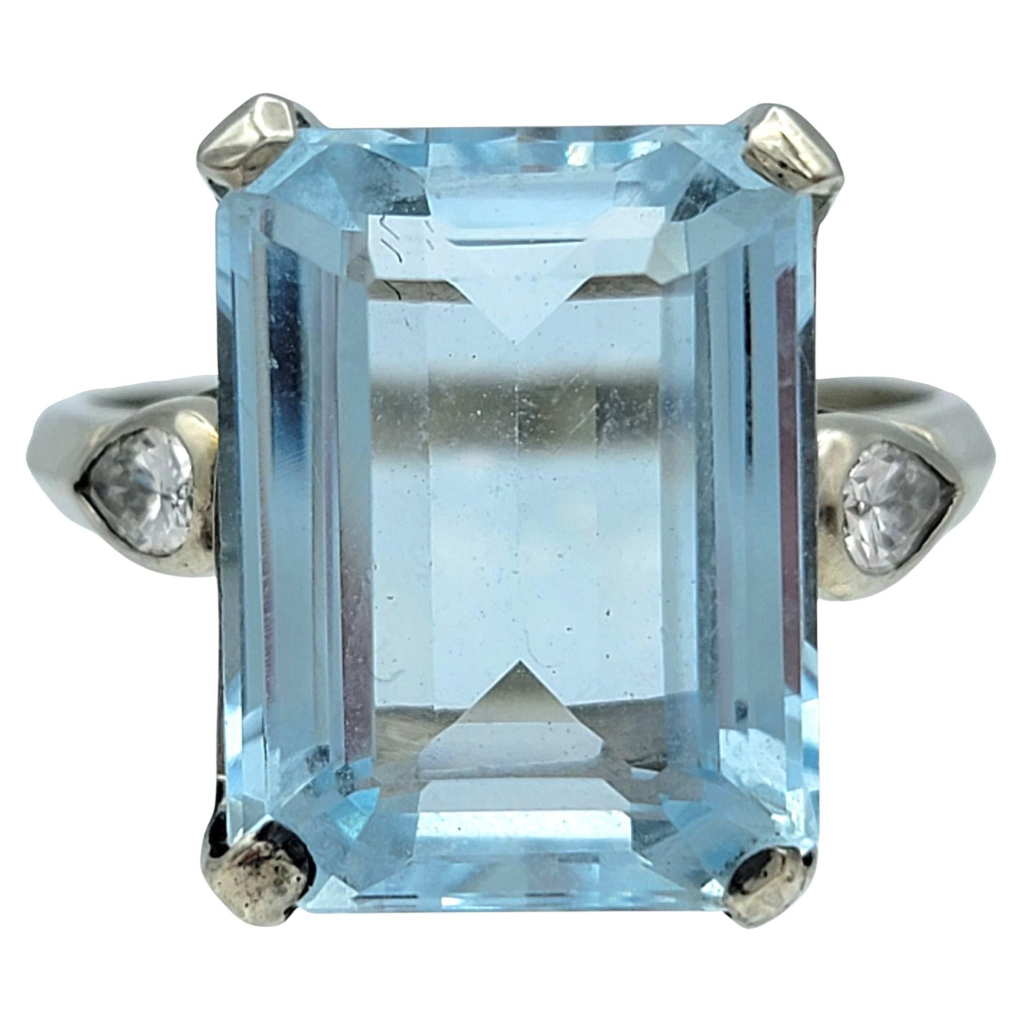 Vintage 7.64 Carat Emerald Cut Aquamarine Ring with Diamonds 14 Karat White Gold