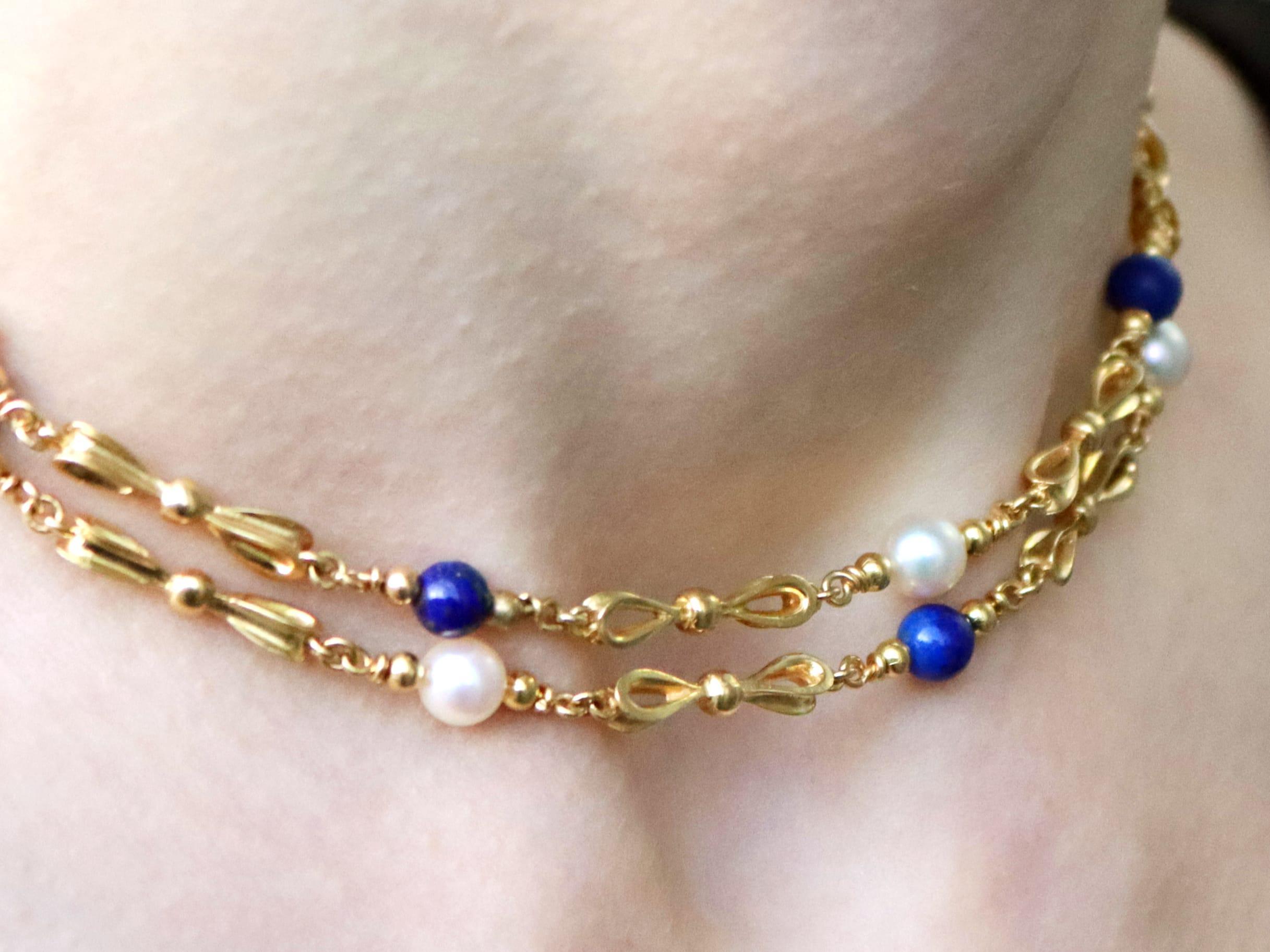 Vintage 7.80 Carat Lapis Lazuli  Pearl Chain Necklace in 18k Yellow Gold For Sale 5