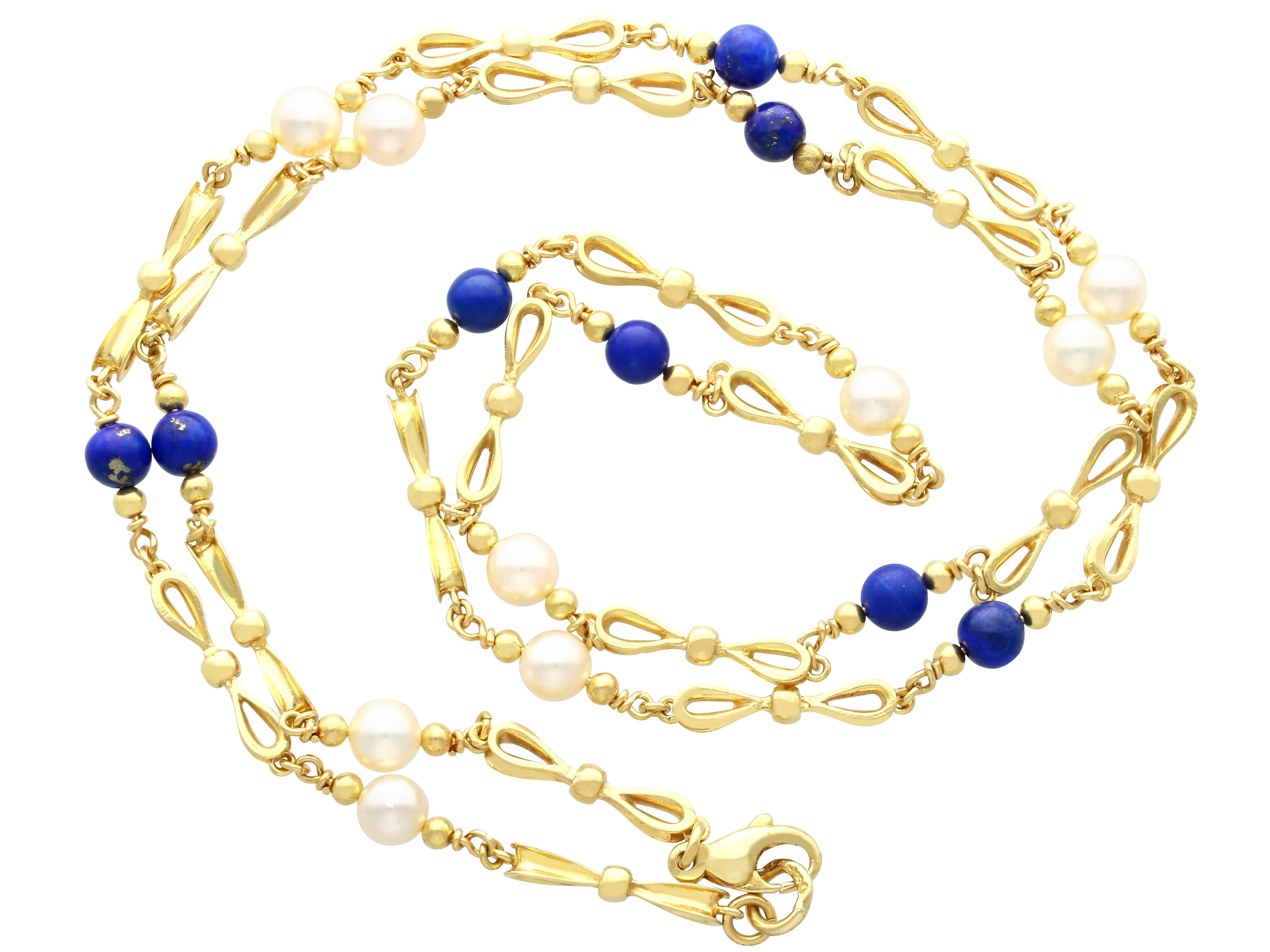 Bead Vintage 7.80 Carat Lapis Lazuli  Pearl Chain Necklace in 18k Yellow Gold For Sale