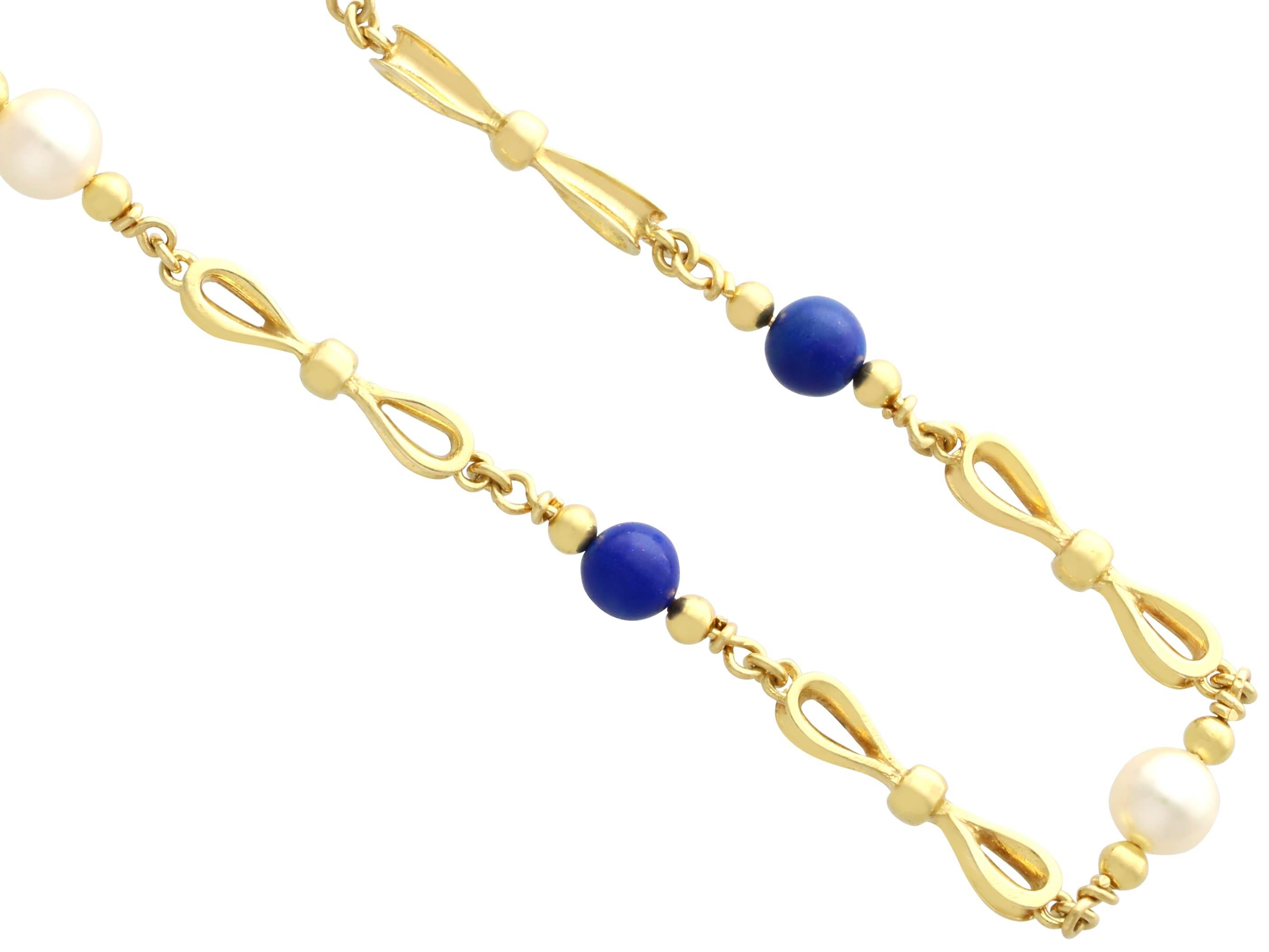 Vintage 7.80 Carat Lapis Lazuli  Pearl Chain Necklace in 18k Yellow Gold In Excellent Condition For Sale In Jesmond, Newcastle Upon Tyne