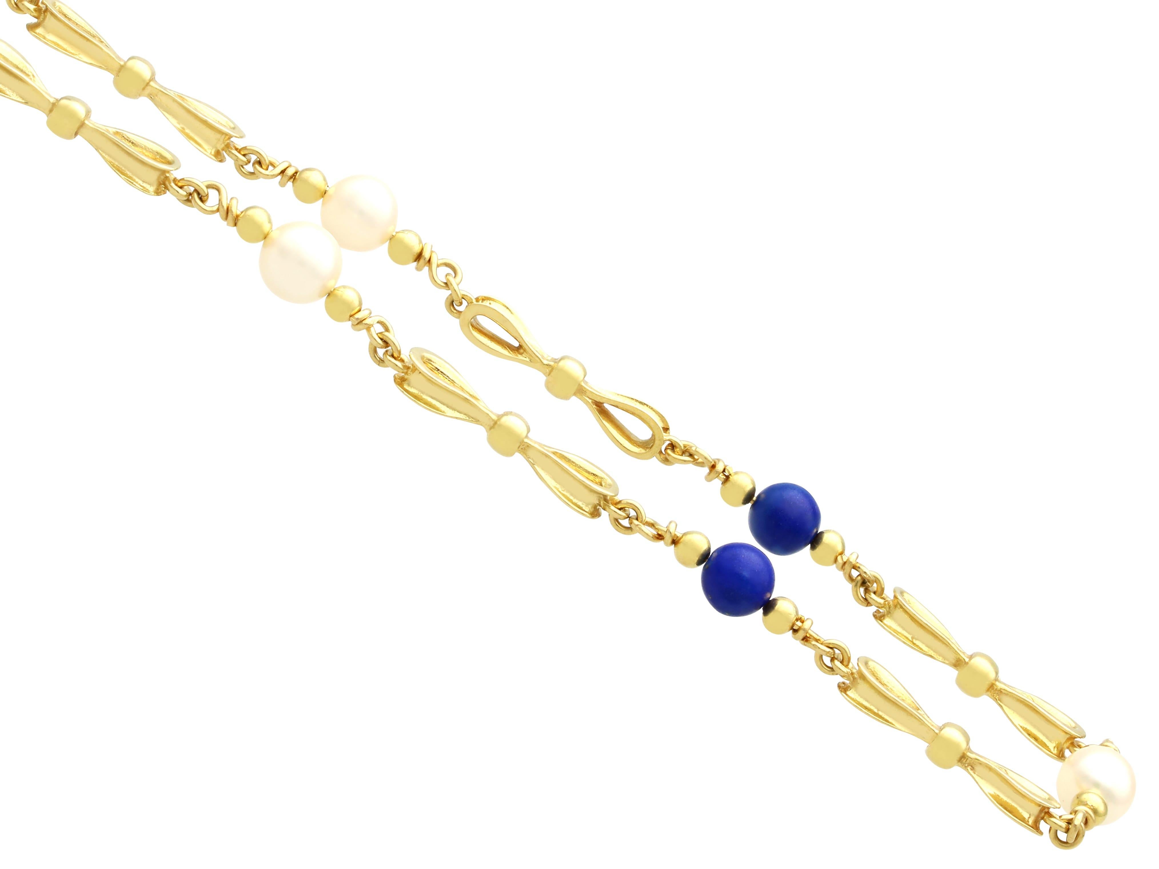 Women's or Men's Vintage 7.80 Carat Lapis Lazuli  Pearl Chain Necklace in 18k Yellow Gold For Sale