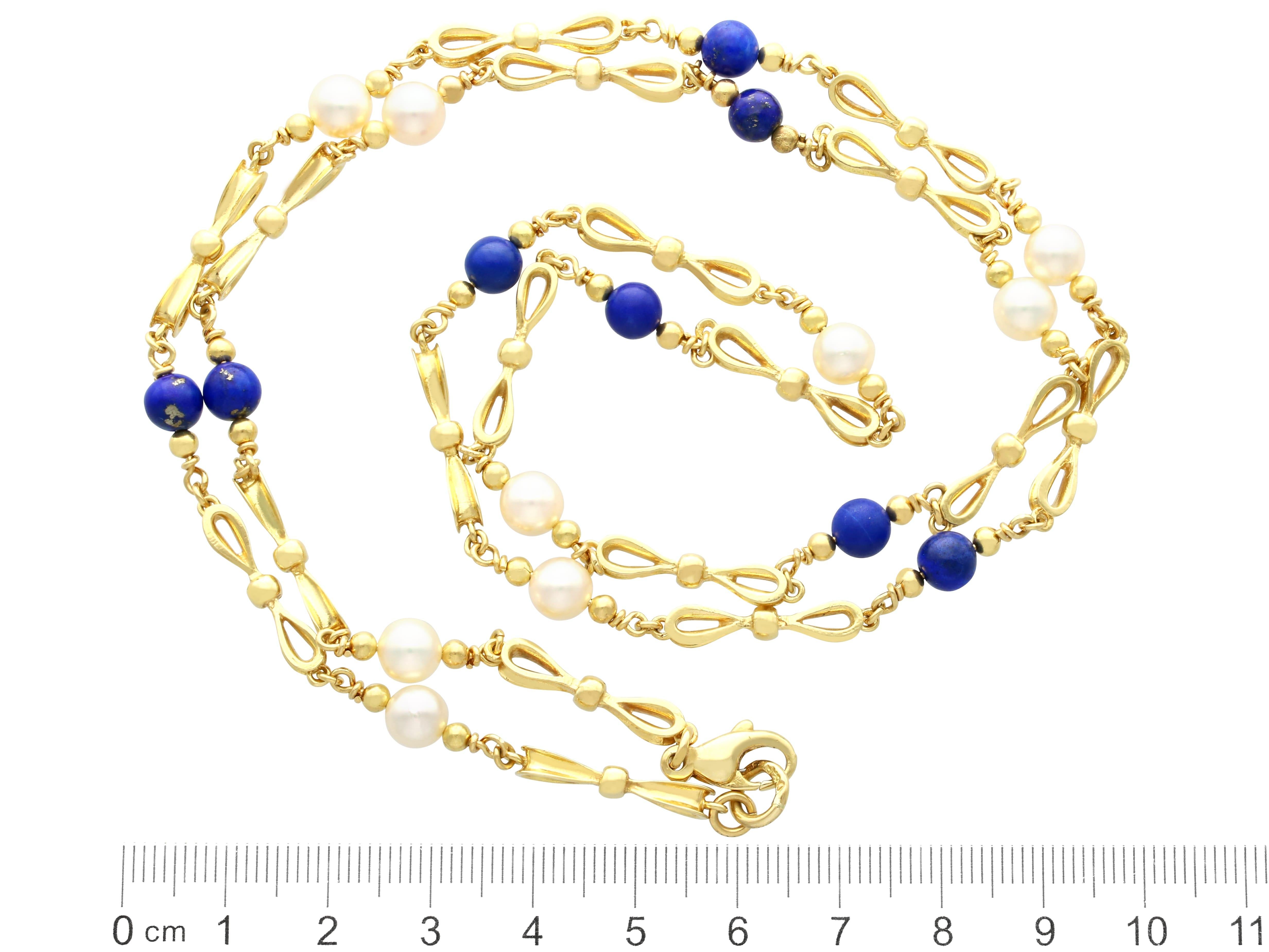 Vintage 7.80 Carat Lapis Lazuli  Pearl Chain Necklace in 18k Yellow Gold For Sale 1