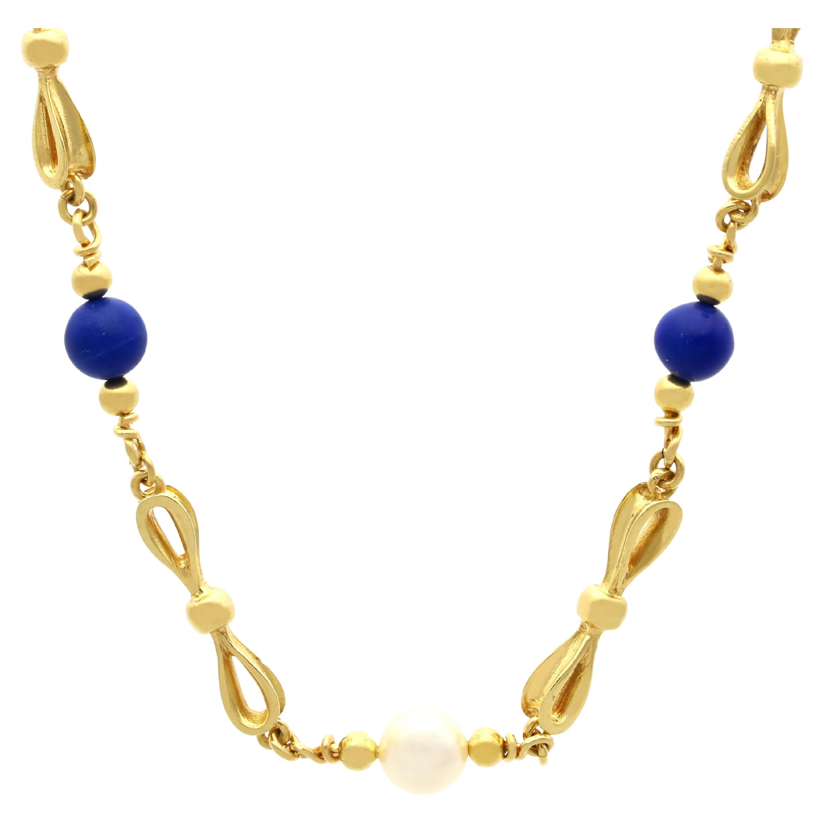 Vintage 7.80 Carat Lapis Lazuli  Pearl Chain Necklace in 18k Yellow Gold For Sale