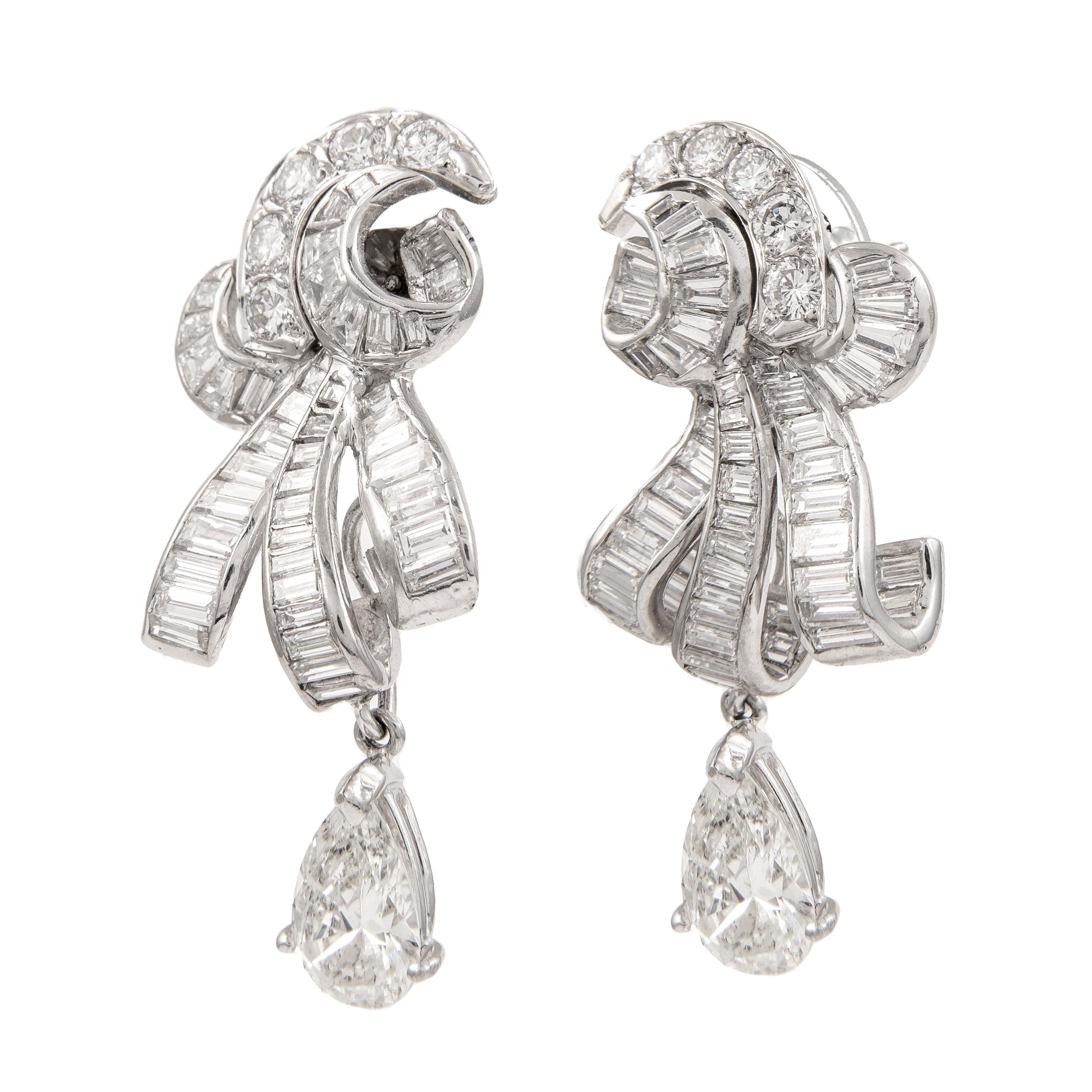 Pear Cut Vintage 7.85ct Pear Diamond Drop Earrings Palladium For Sale