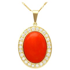 Vintage 7.93 Carat Coral and 1.82 Carat Diamond Yellow Gold Pendant