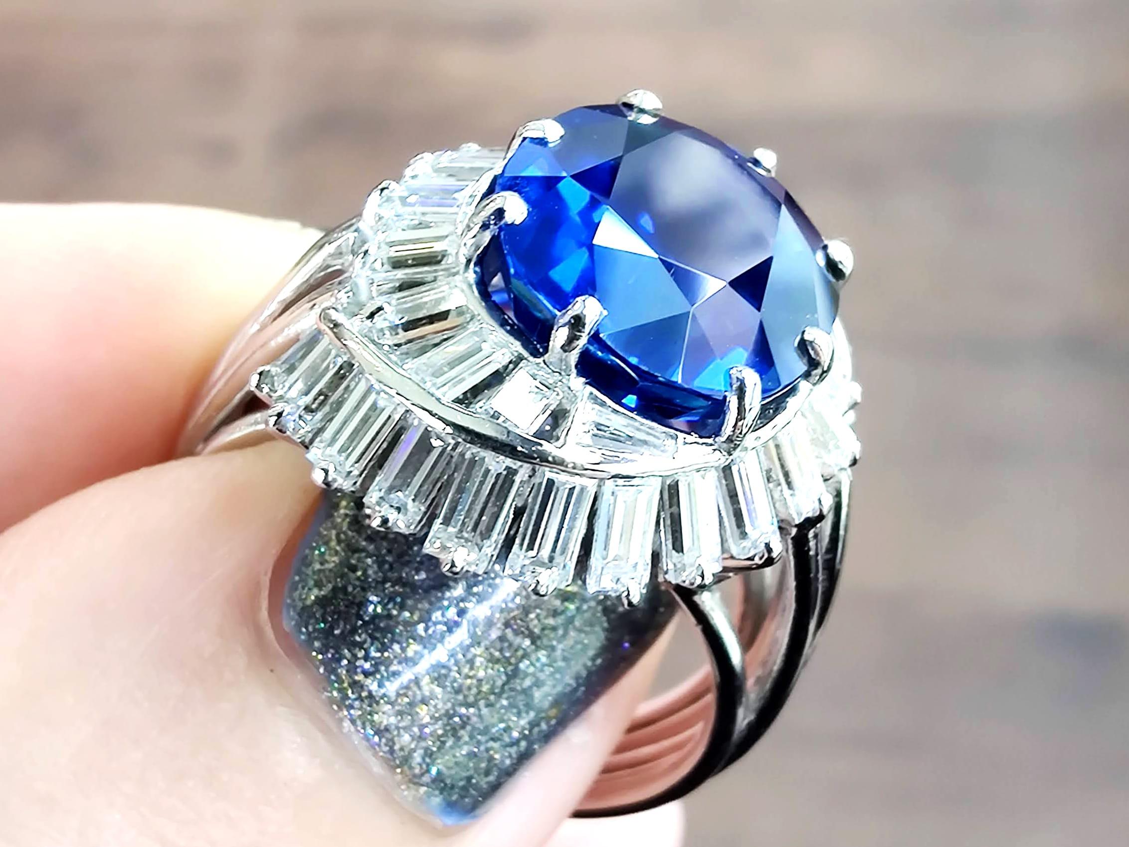 Anello d'epoca con zaffiro da 7,93 carati e diamante da 1,95 carati in platino In condizioni ottime in vendita a Jesmond, Newcastle Upon Tyne