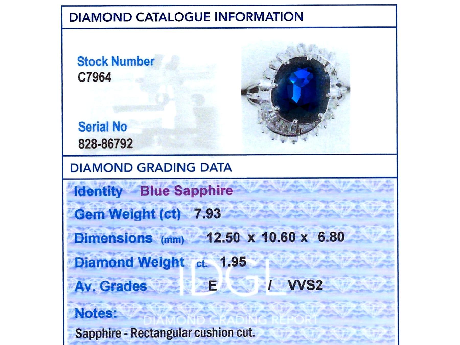 Vintage 7.93 Carat Sapphire and 1.95 Carat Diamond Platinum Dress Ring For Sale 5