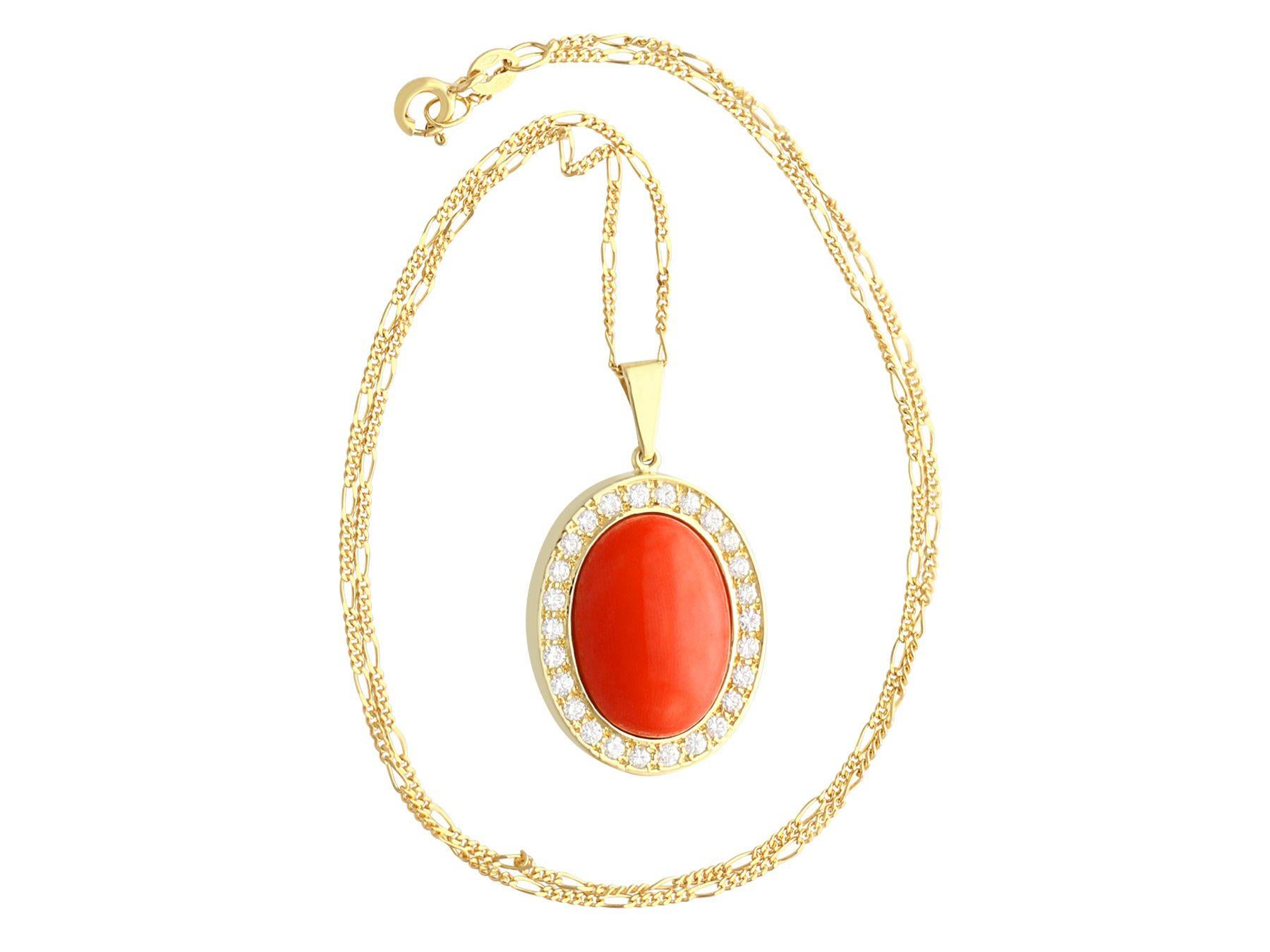 Cabochon Vintage 7.93Ct Coral and 1.82Ct Diamond Yellow Gold Pendant For Sale