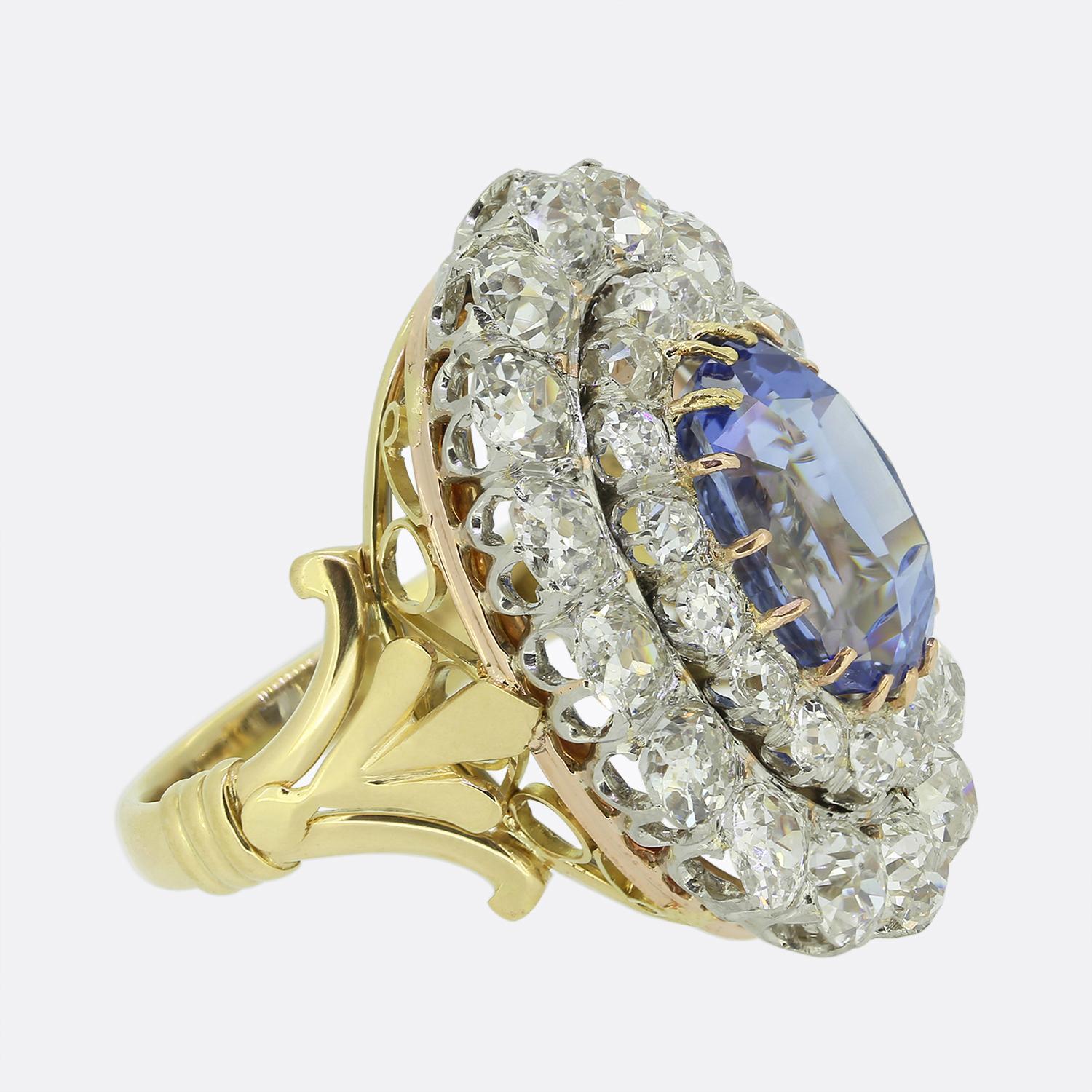 Oval Cut Vintage 7.96 Carat Ceylon Sapphire and Diamond Cluster Dress Ring For Sale