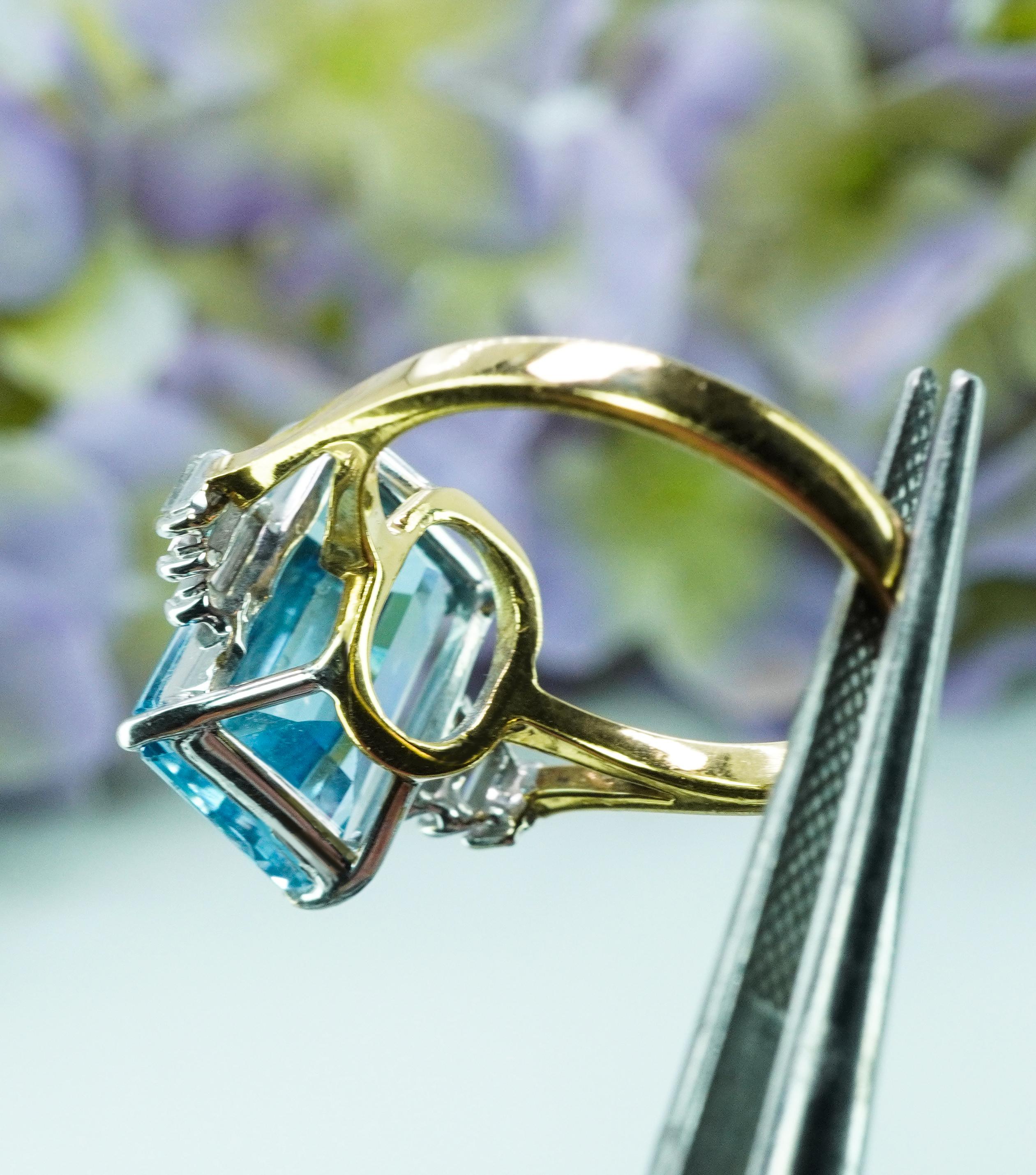 Vintage 7ct Aquamarin Baguette Diamant Cocktail Ring 18K Gold Designer Estate im Angebot 4