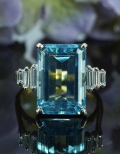 Vintage 7ct Aquamarine Baguette Diamond Cocktail Ring 18K Gold Designer Estate