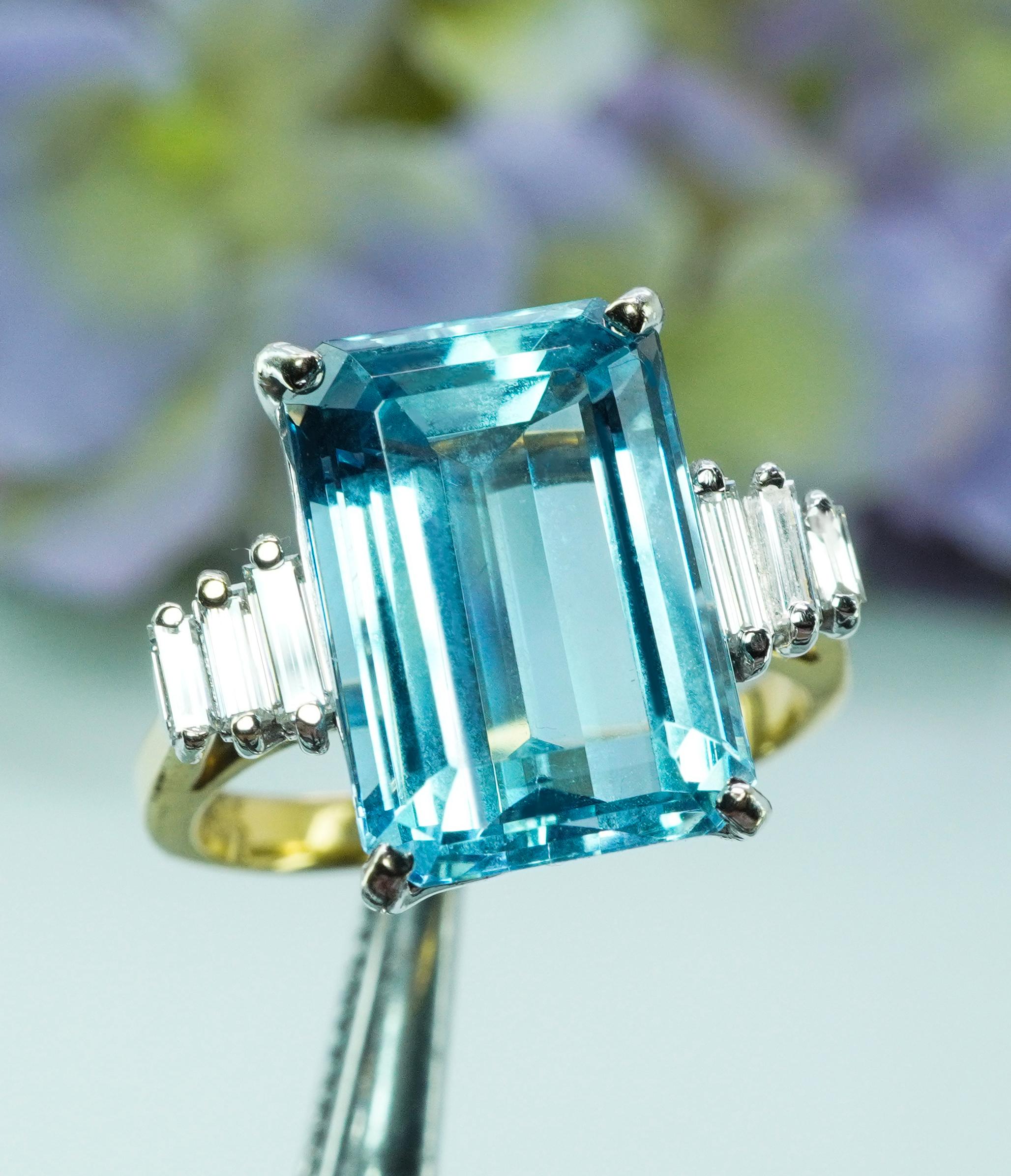 Vintage 7ct Aquamarin Baguette Diamant Cocktail Ring 18K Gold Designer Estate (Smaragdschliff) im Angebot