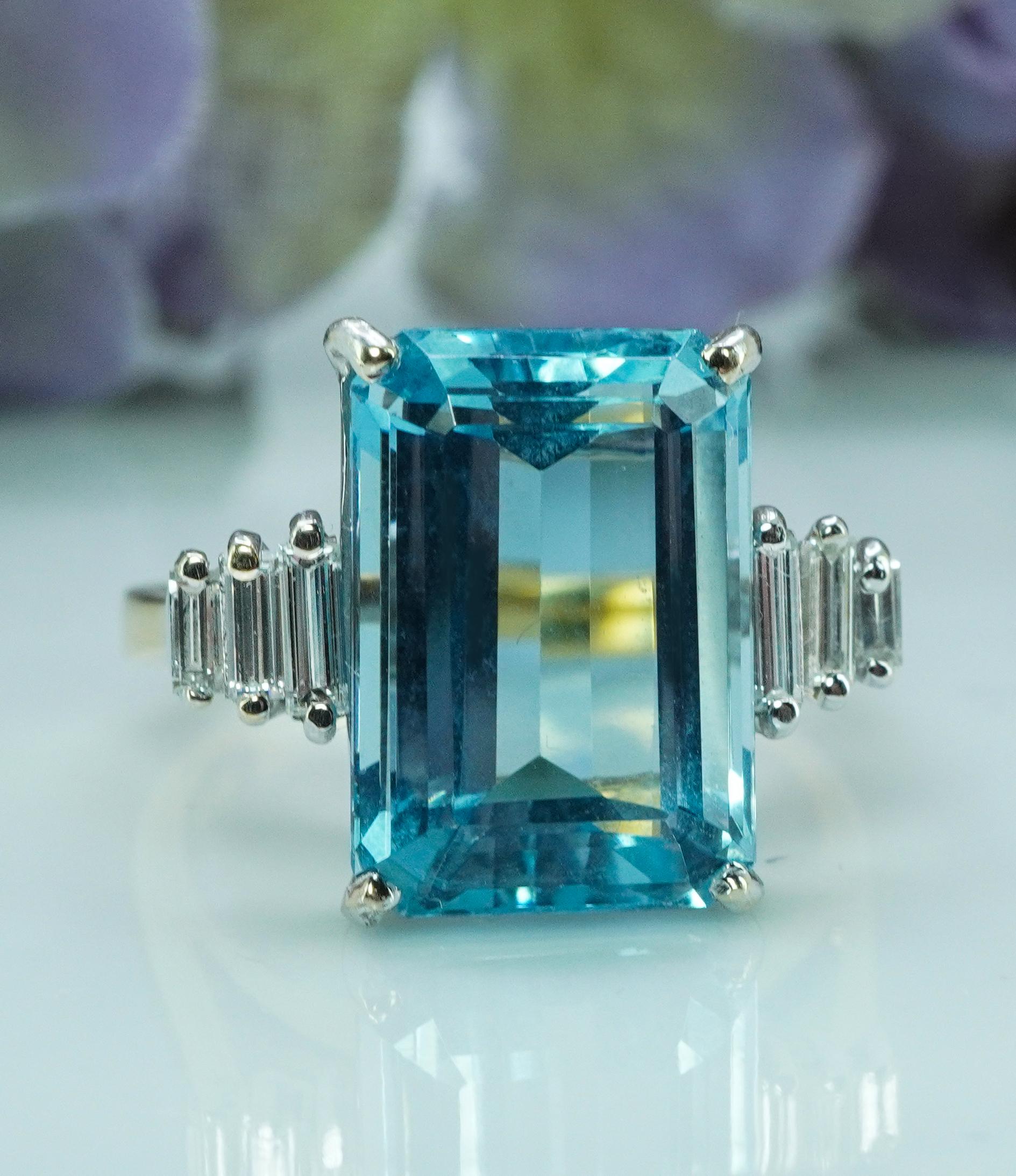 Vintage 7ct Aquamarin Baguette Diamant Cocktail Ring 18K Gold Designer Estate Damen im Angebot