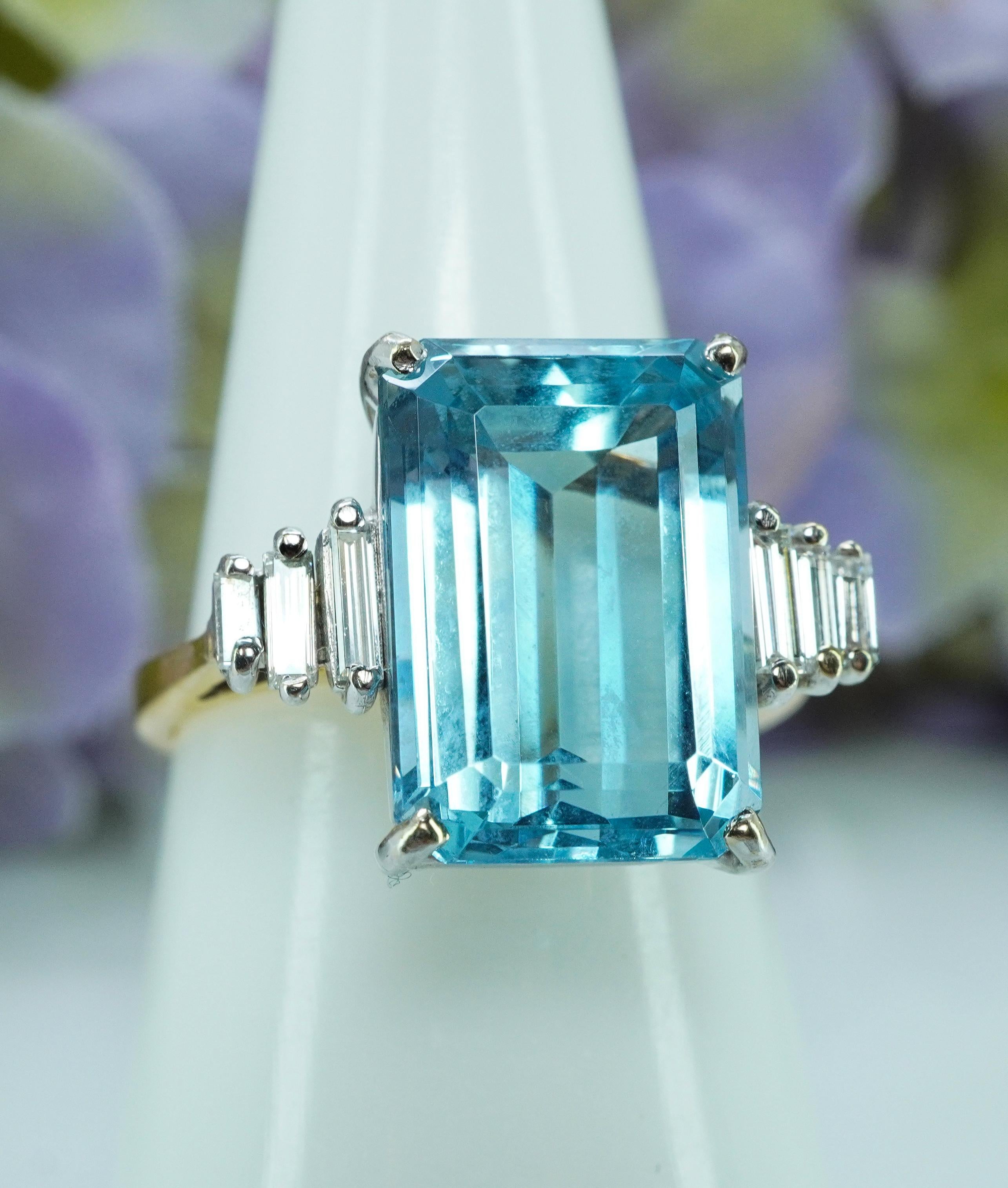 Vintage 7ct Aquamarin Baguette Diamant Cocktail Ring 18K Gold Designer Estate im Angebot 1