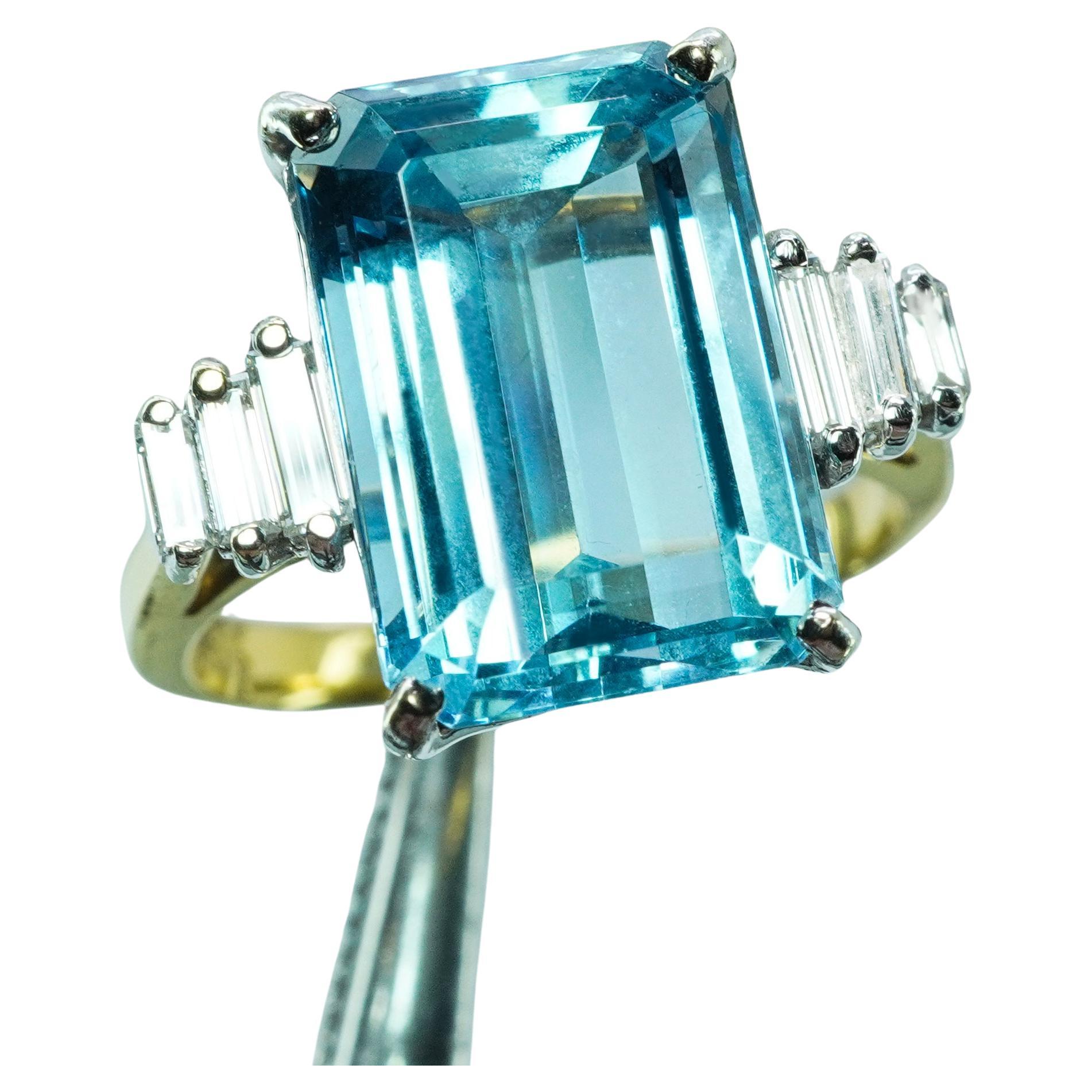 Vintage 7ct Aguamarina Baguette Diamante Cóctel Anillo 18K Oro Diseñador Estate