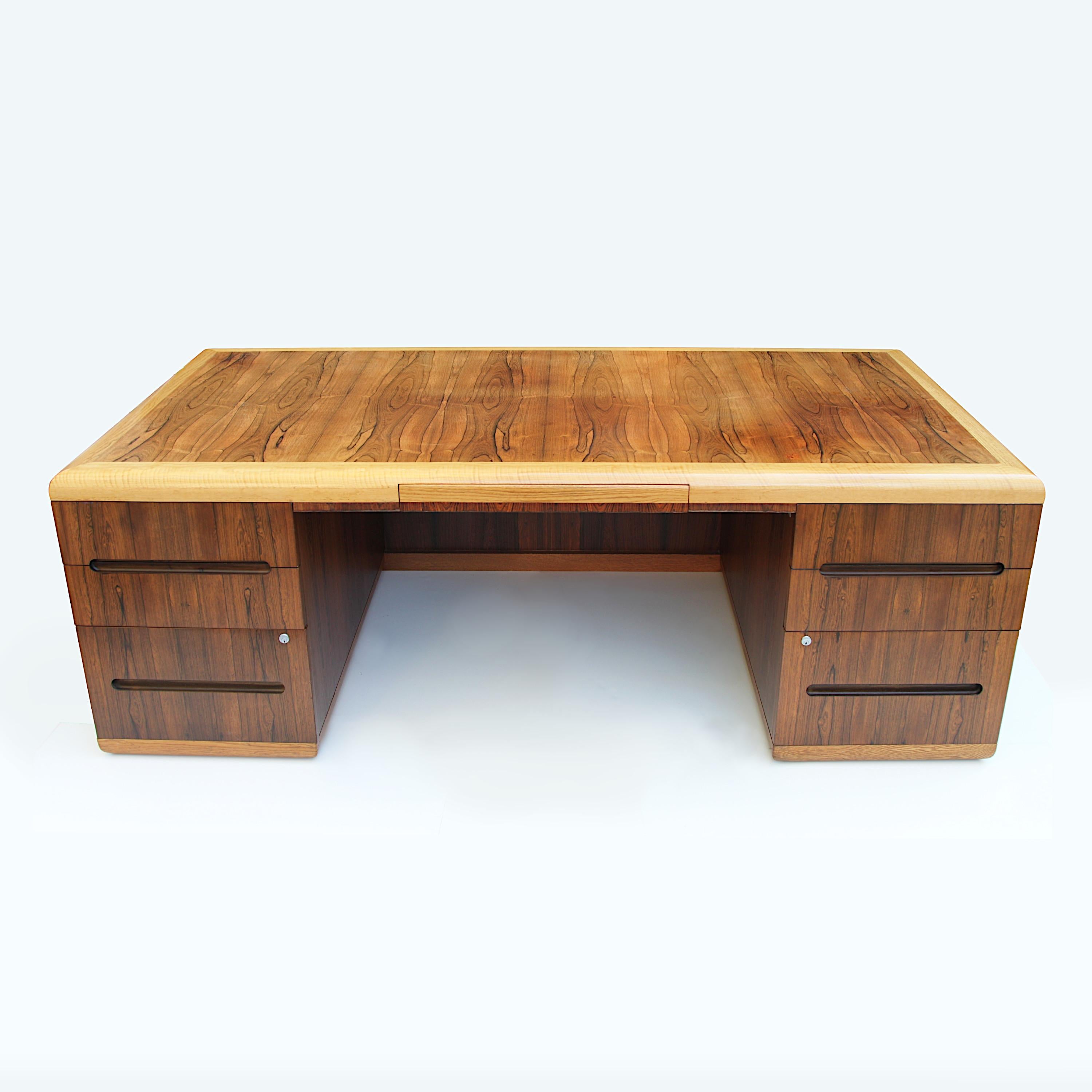 American Vintage 7ft 1970s Mid-Century Modern Rosewood & Oak Executive Desk by Dunbar For Sale