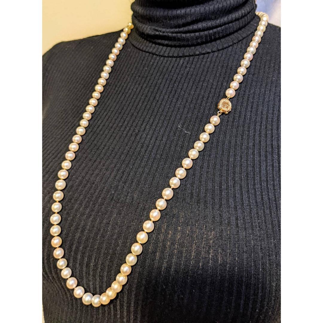 Vintage 7mm Japanese Akoya Saltwater Pearl 30 Inch Necklace FU Fortune 14k Gold 6