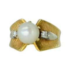 Vintage Pearl and 0.02 Total Carat Weight Diamonds Cluster Cocktail Ring 14k