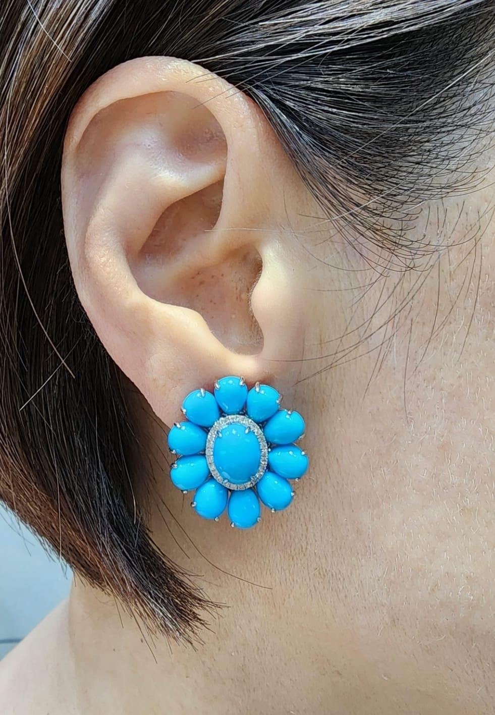 Vintage 7x9mm Türkis Diamant Ohrringe in 14 Karat Weißgold Damen im Angebot