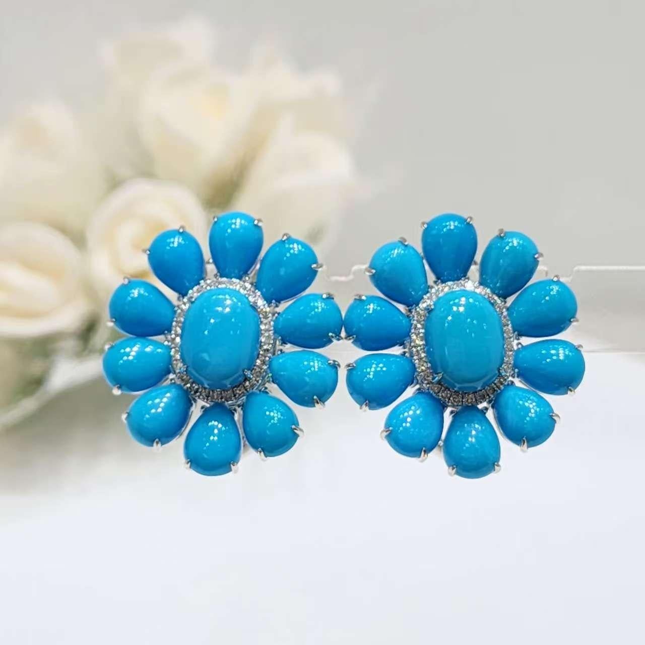 Vintage 7x9mm Türkis Diamant Ohrringe in 14 Karat Weißgold im Angebot 1