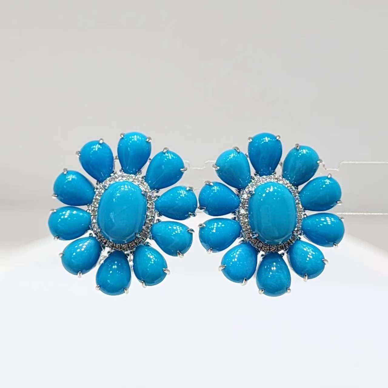 Vintage 7x9mm Türkis Diamant Ohrringe in 14 Karat Weißgold im Angebot 2