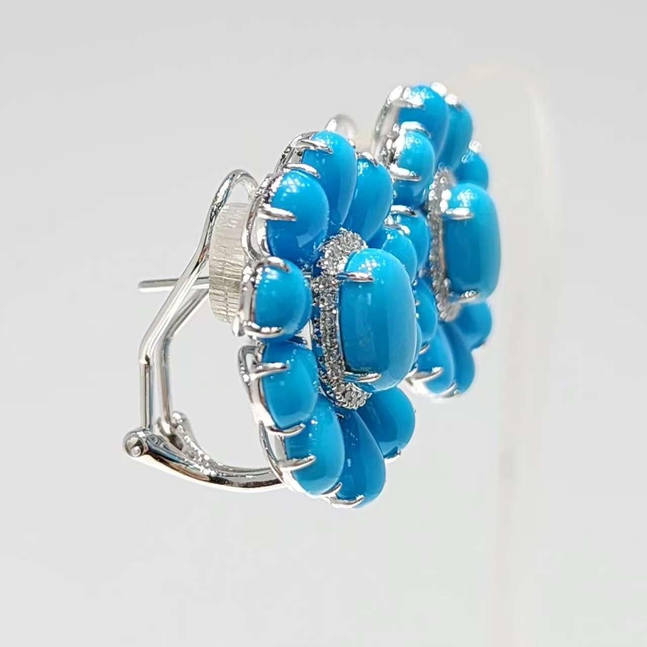 Vintage 7x9mm Türkis Diamant Ohrringe in 14 Karat Weißgold im Angebot 3