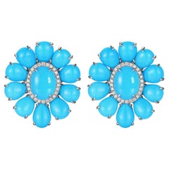 Vintage 7x9mm Turquoise Diamond Earrings in 14 Karat White Gold