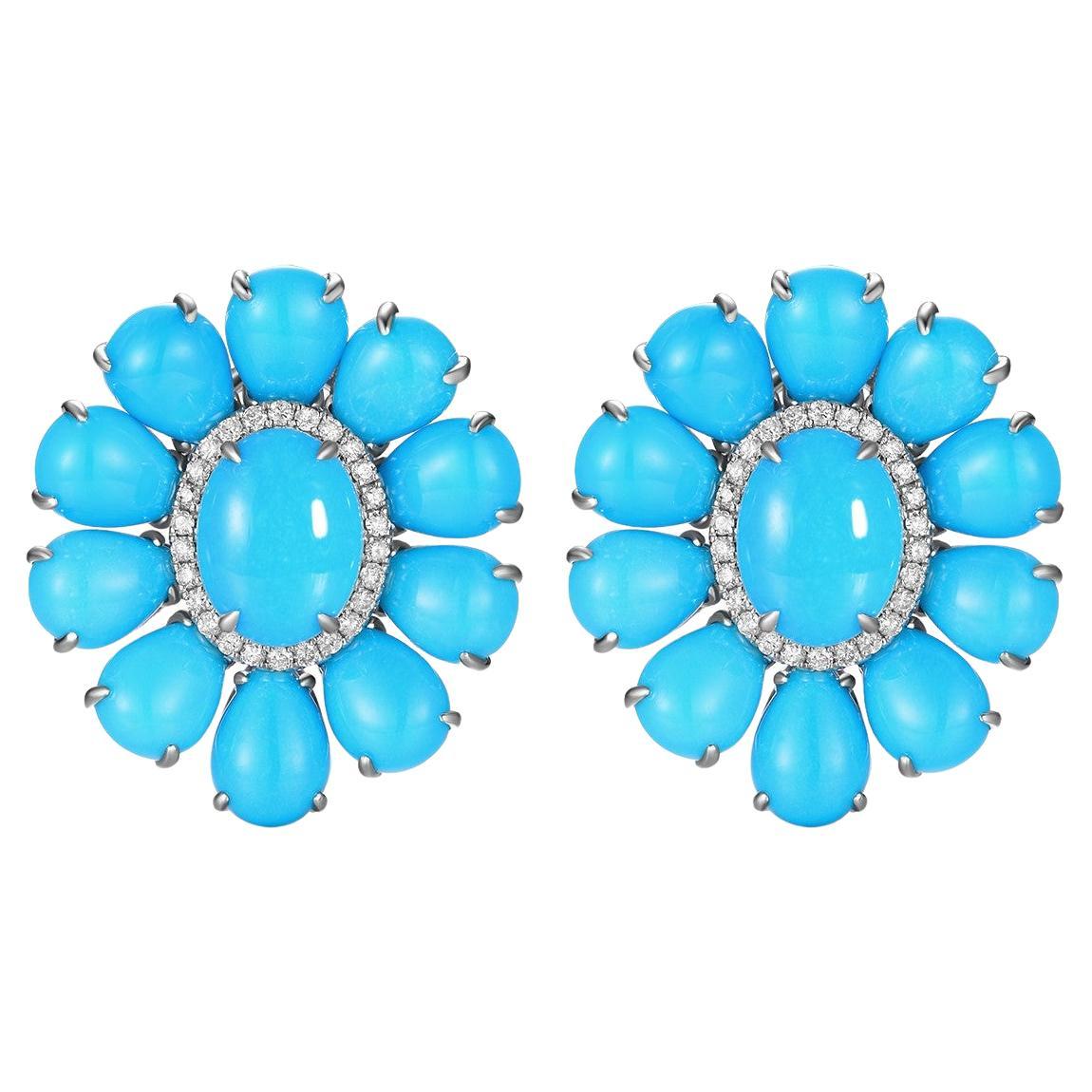 Boucles d'oreilles vintage 7x9mm Turquoise Diamant en or blanc 14 carats