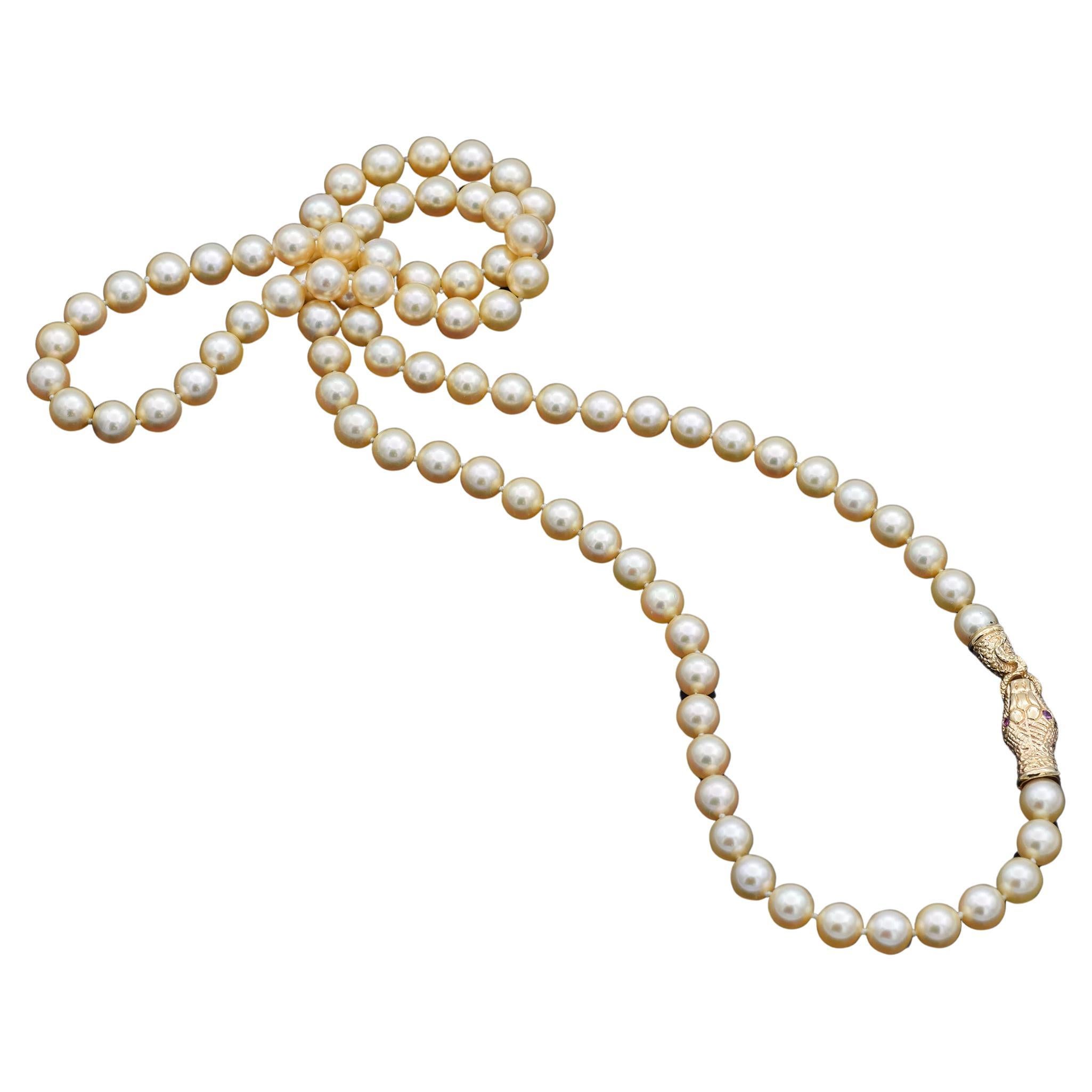 Vintage 8-8,5 mm Perle & Rubin Gelbgold Schlangenverschluss Perlenkette
